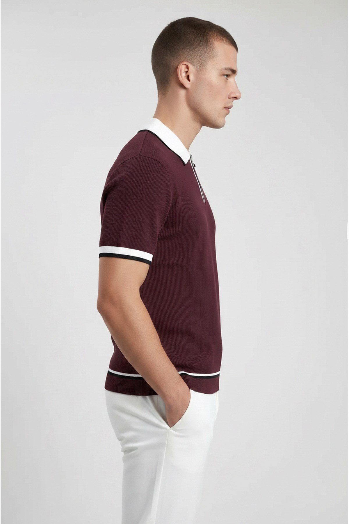 Bordo Polo Yaka Fermuarlı Kısa Kol Erkek T-shirt