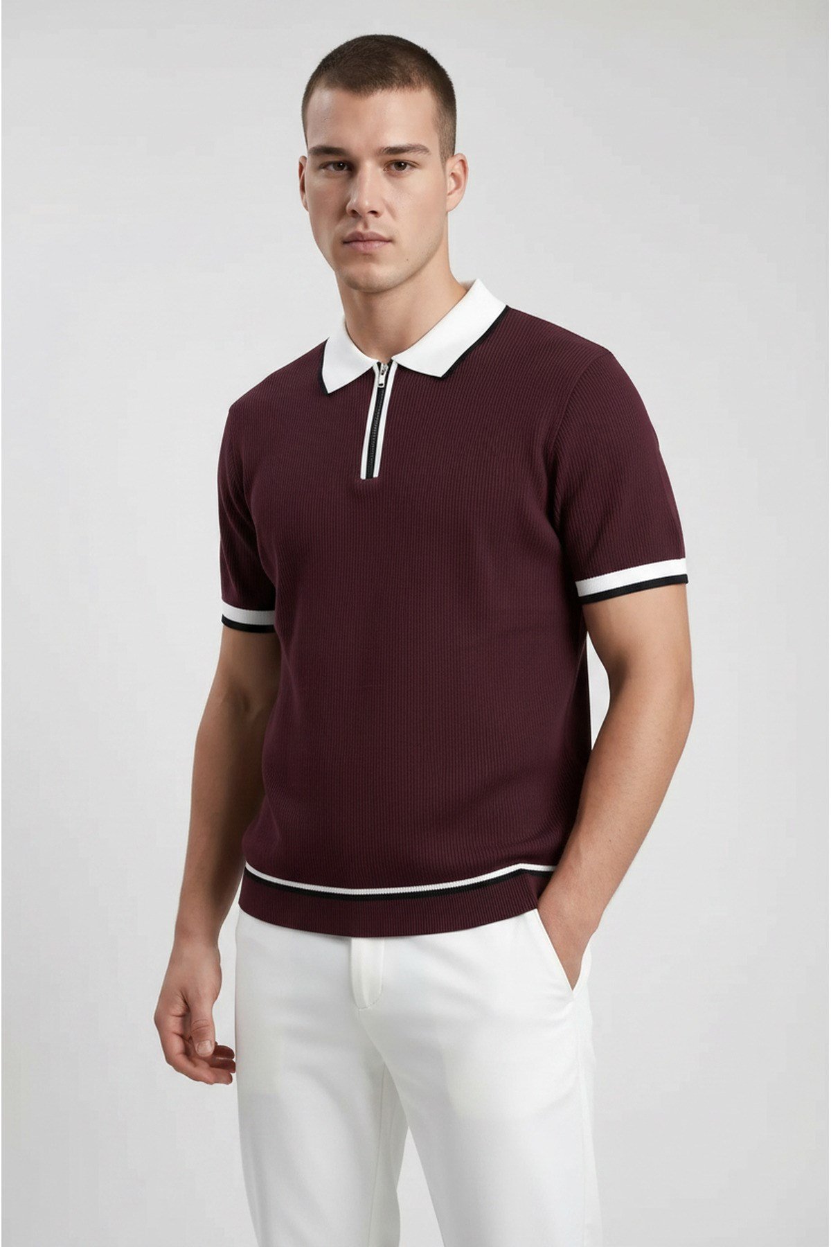 Bordo Polo Yaka Fermuarlı Kısa Kol Erkek T-shirt