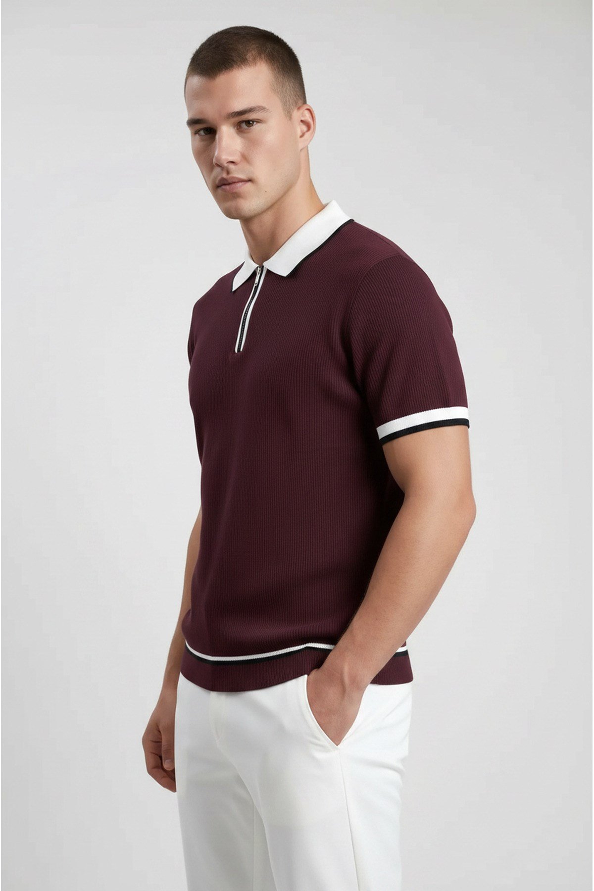 Bordo Polo Yaka Fermuarlı Kısa Kol Erkek T-shirt