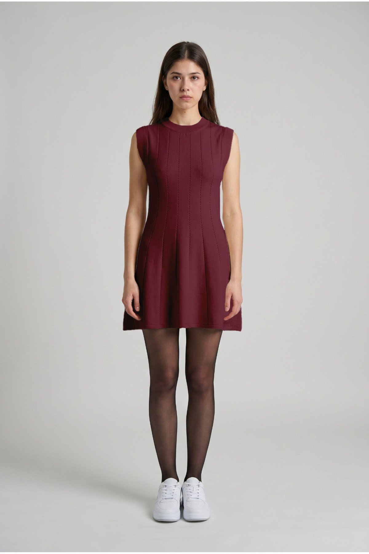 Bordo Standart Fit Normal Kesim Kolsuz Bisiklet Yaka Kadın Triko Elbise