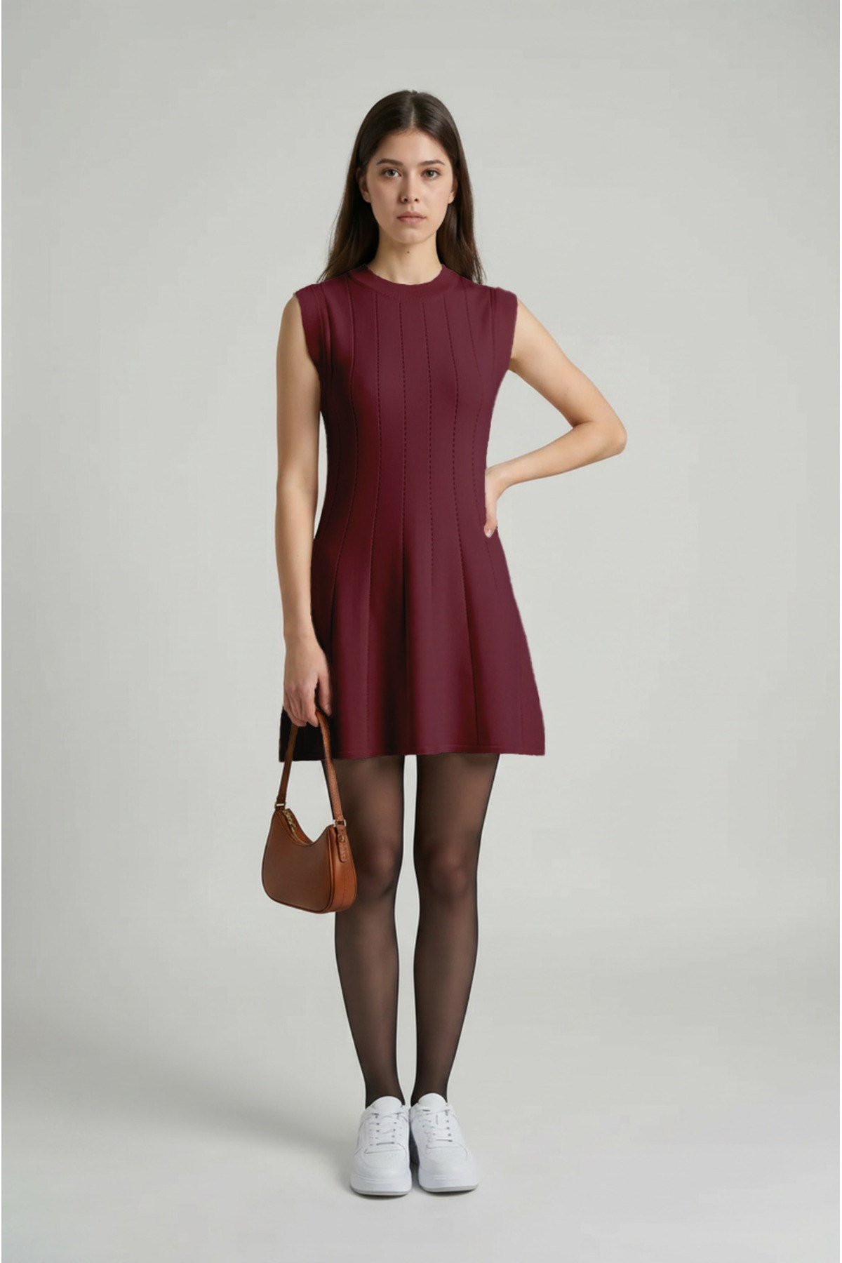Bordo Standart Fit Normal Kesim Kolsuz Bisiklet Yaka Kadın Triko Elbise