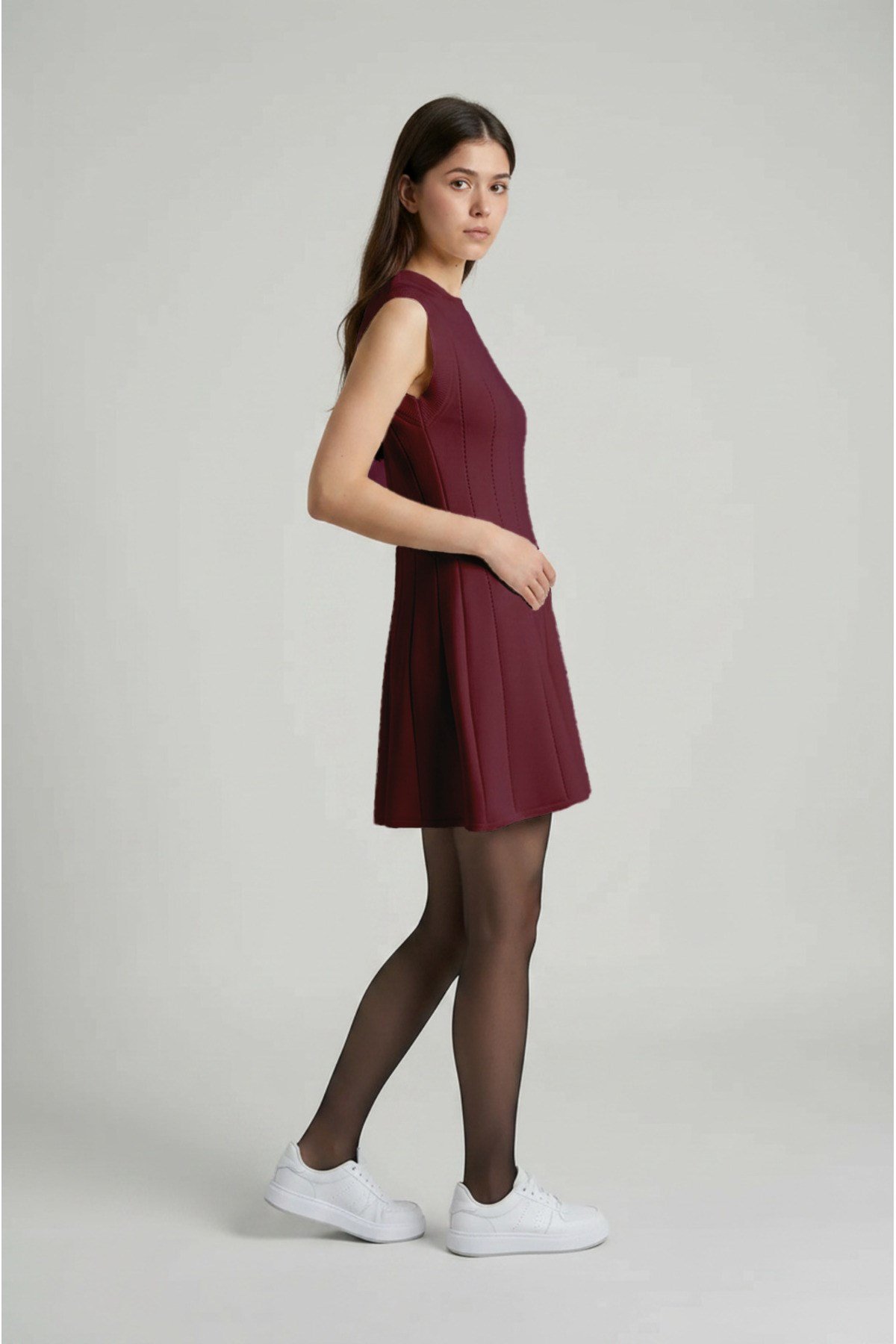 Bordo Standart Fit Normal Kesim Kolsuz Bisiklet Yaka Kadın Triko Elbise