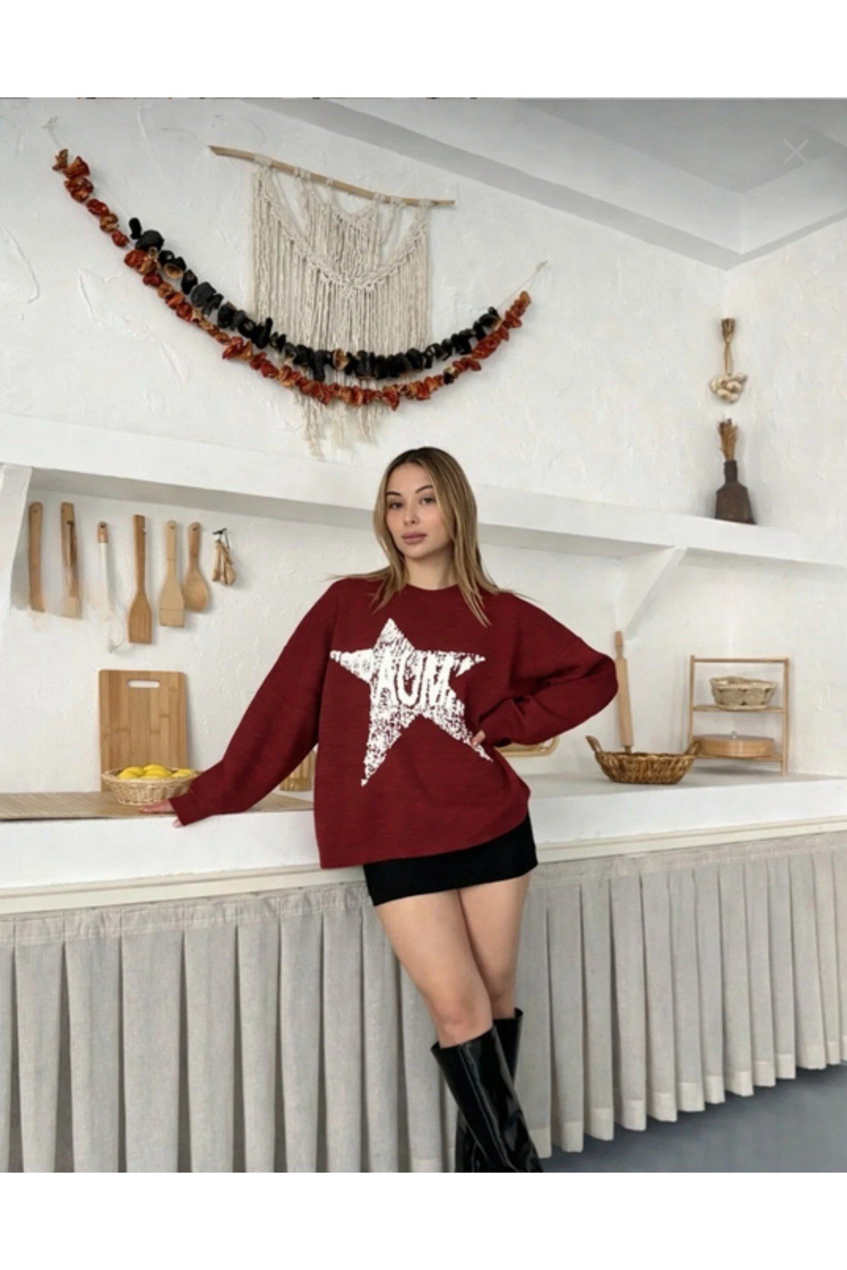 Bordo Yıldızlı Oversize Kadın Triko Kazak