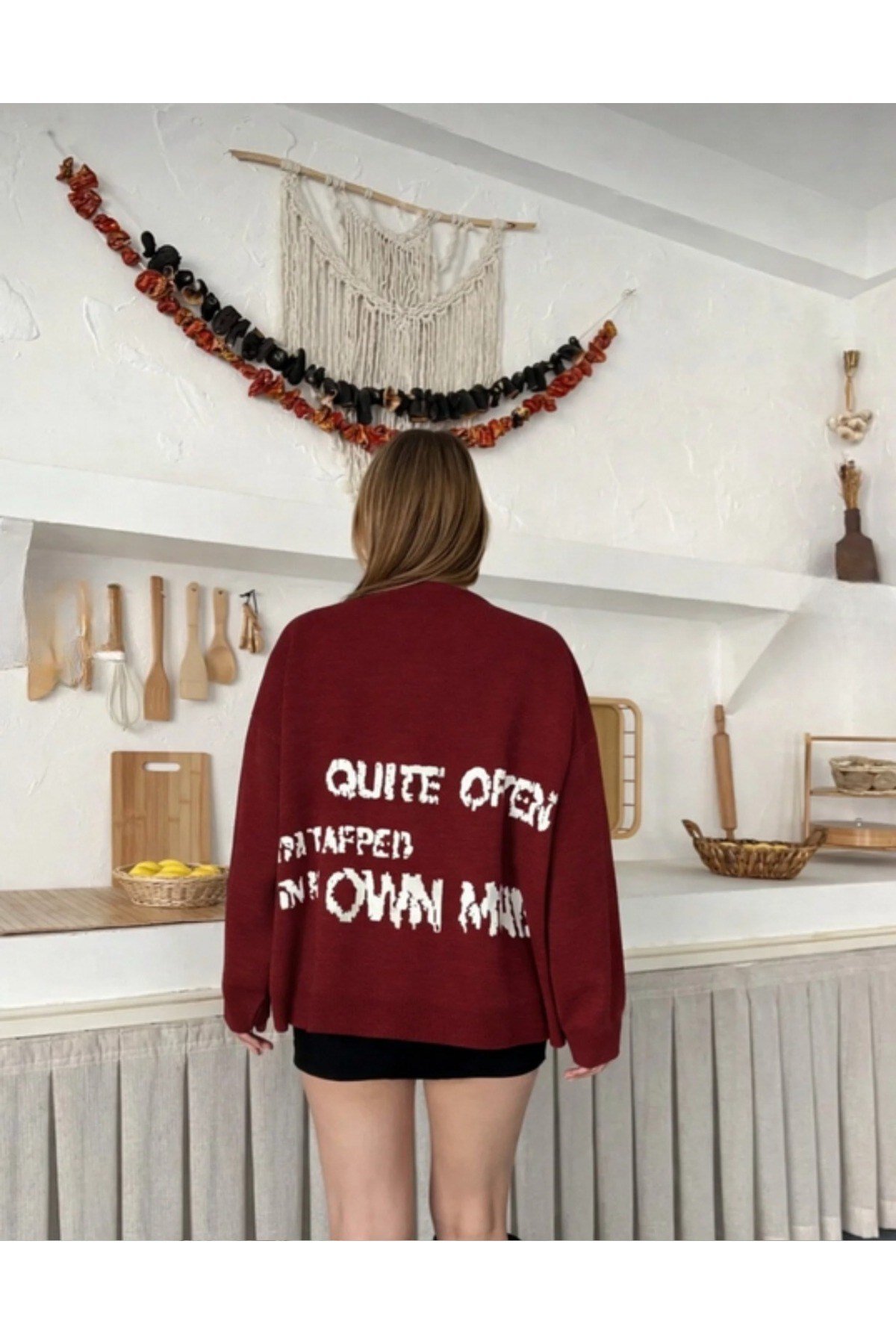 Bordo Yıldızlı Oversize Kadın Triko Kazak