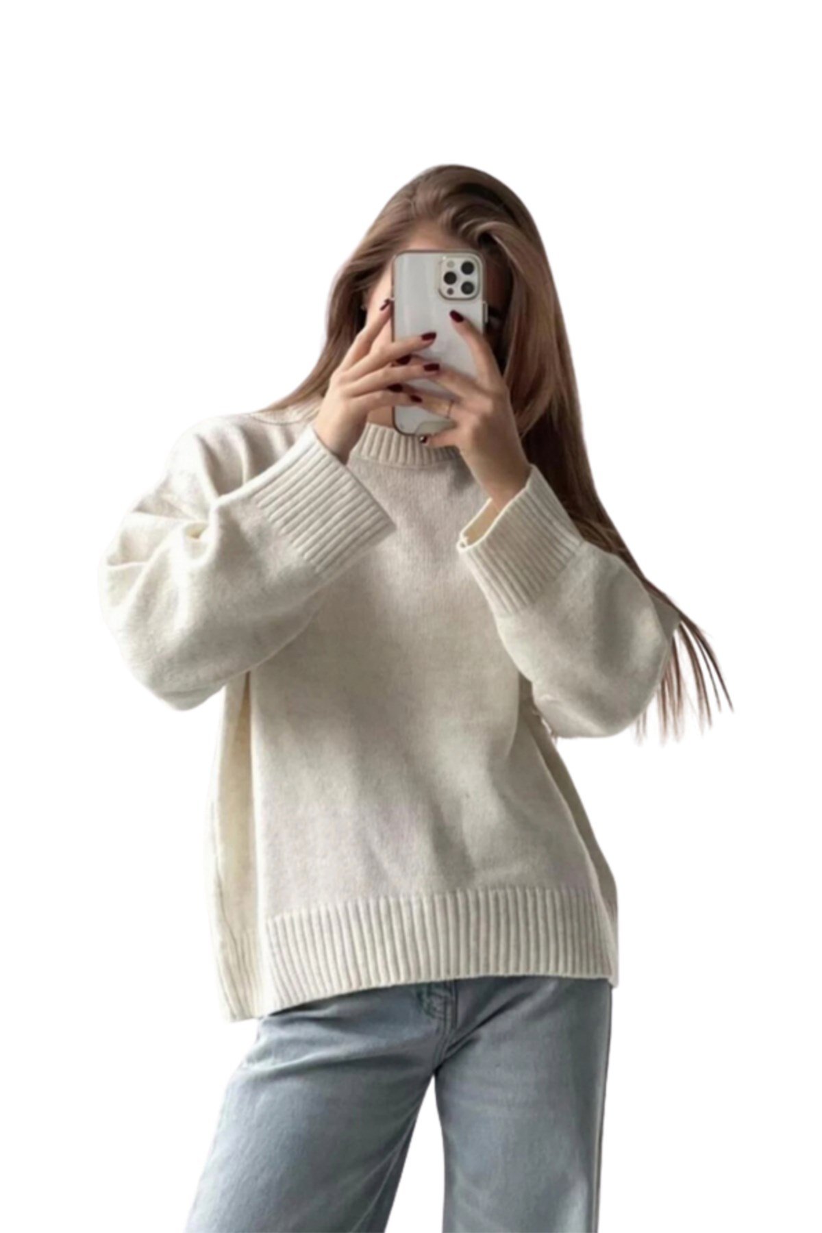 Ekru Bisiklet Yaka Oversize Kadın Triko Kazak