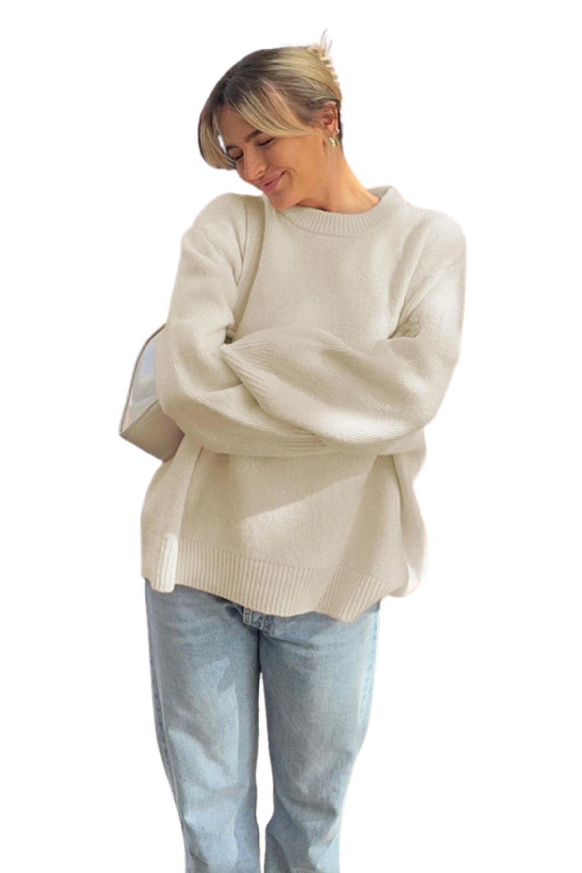 Ekru Bisiklet Yaka Oversize Kadın Triko Kazak