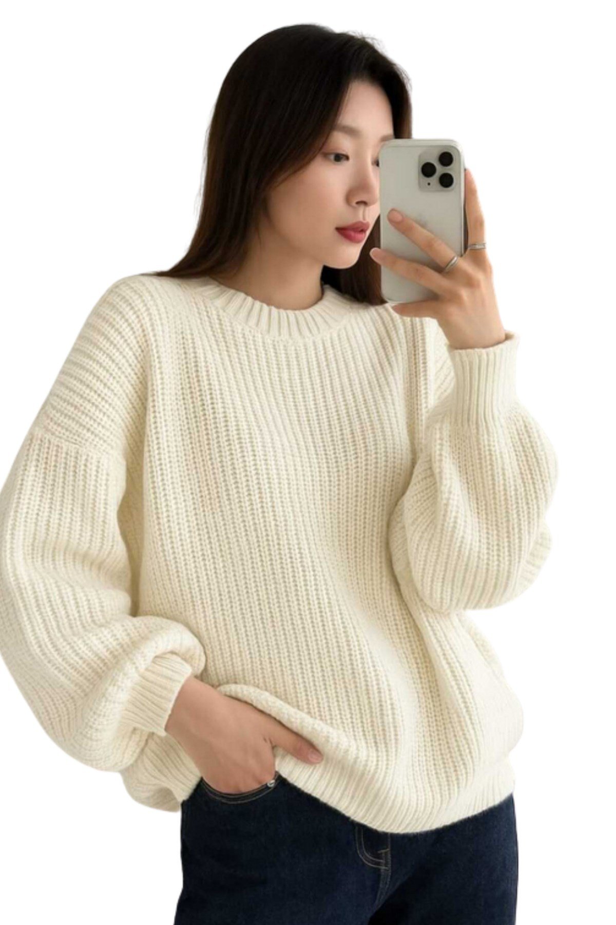 Ekru Bisiklet Yaka Oversize Kadın Triko Kazak
