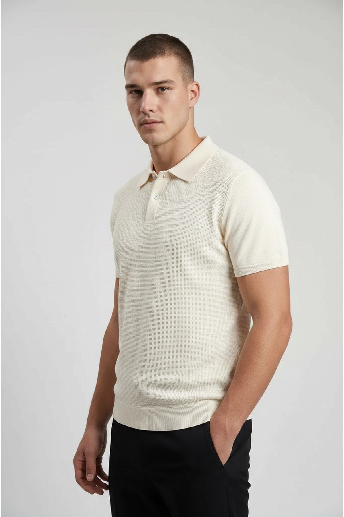 Ekru Erkek Polo Yaka Düğmeli Kısa Kol T-Shirt