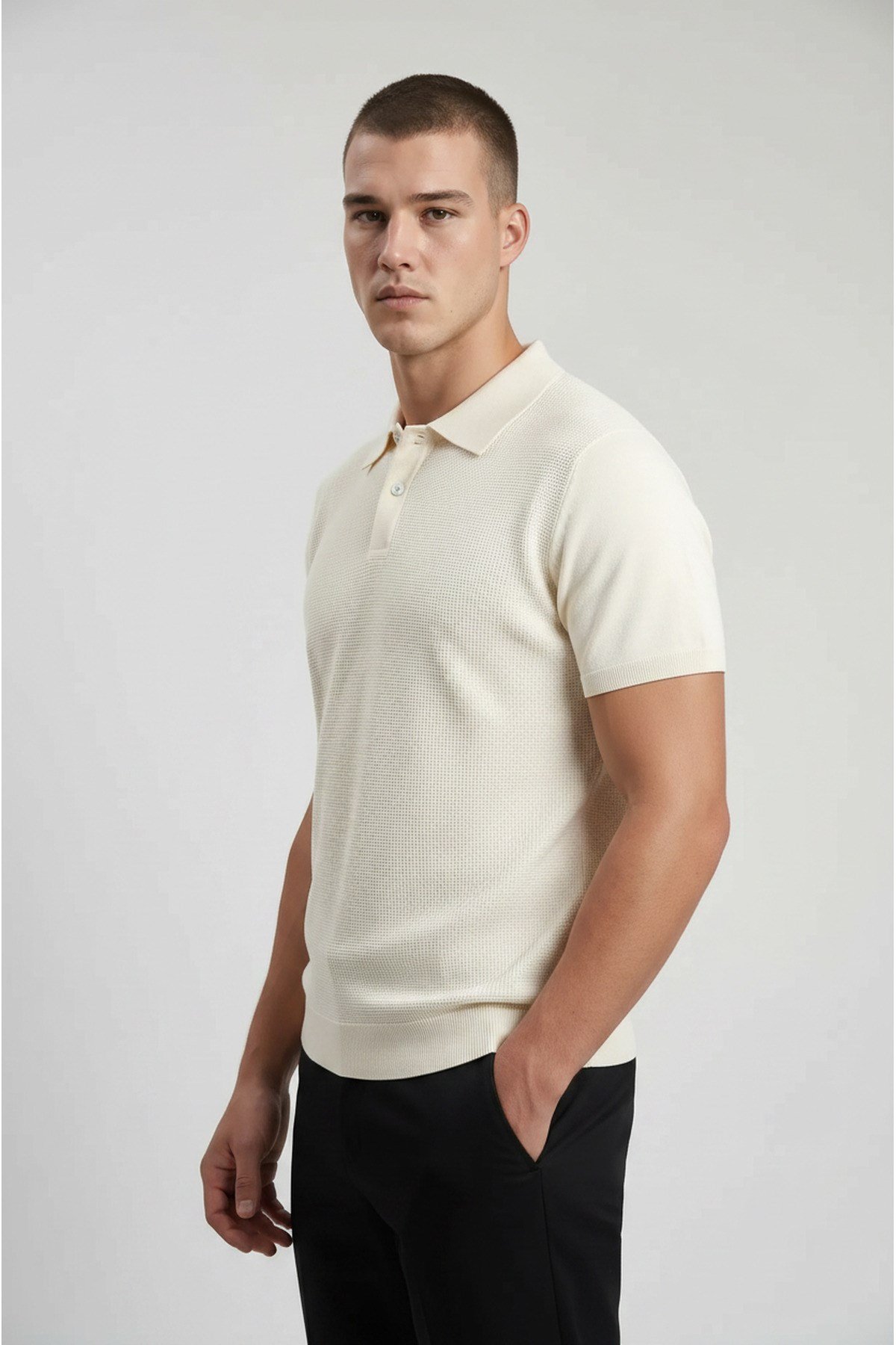 Ekru Erkek Polo Yaka Düğmeli Kısa Kol T-Shirt