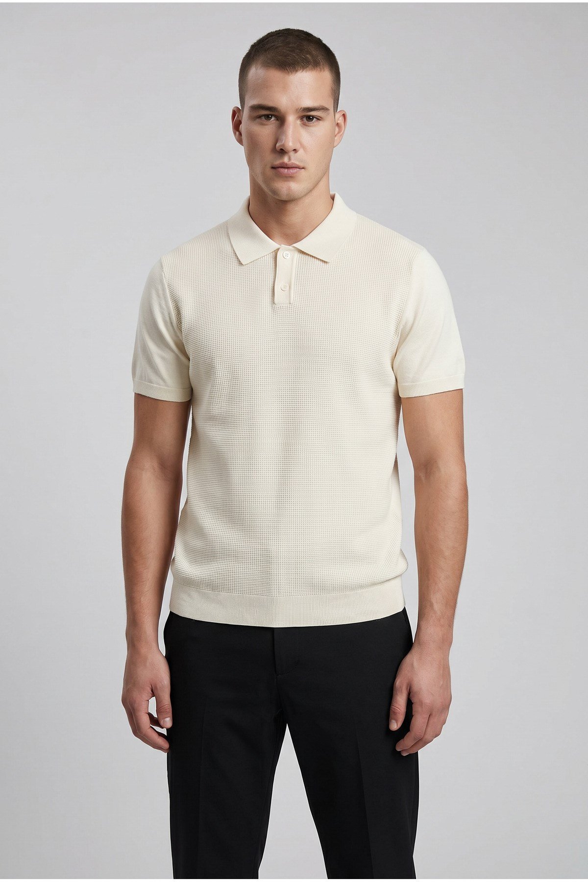 Ekru Erkek Polo Yaka Düğmeli Kısa Kol T-Shirt