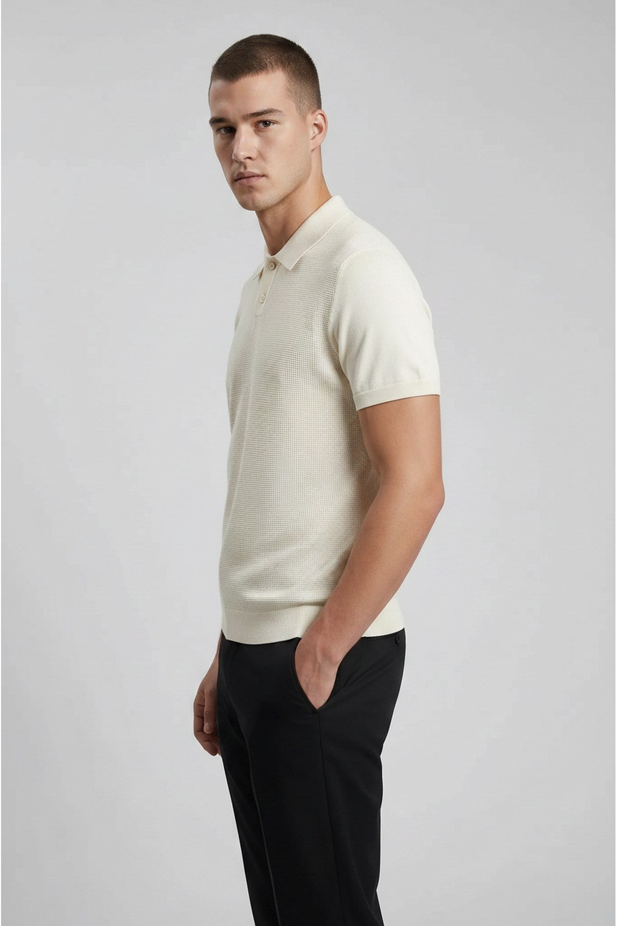 Ekru Erkek Polo Yaka Düğmeli Kısa Kol T-Shirt