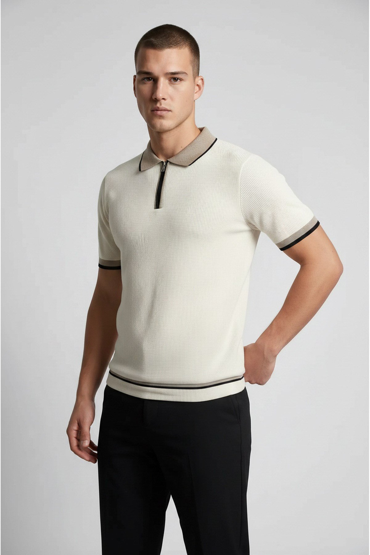 Ekru Polo Yaka Fermuarlı Kısa Kol Erkek T-shirt