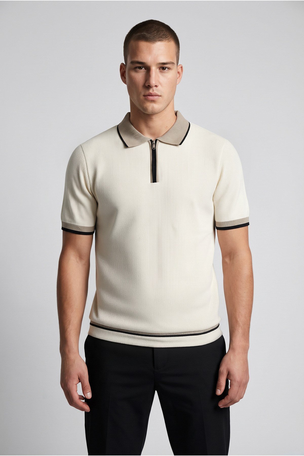 Ekru Polo Yaka Fermuarlı Kısa Kol Erkek T-shirt