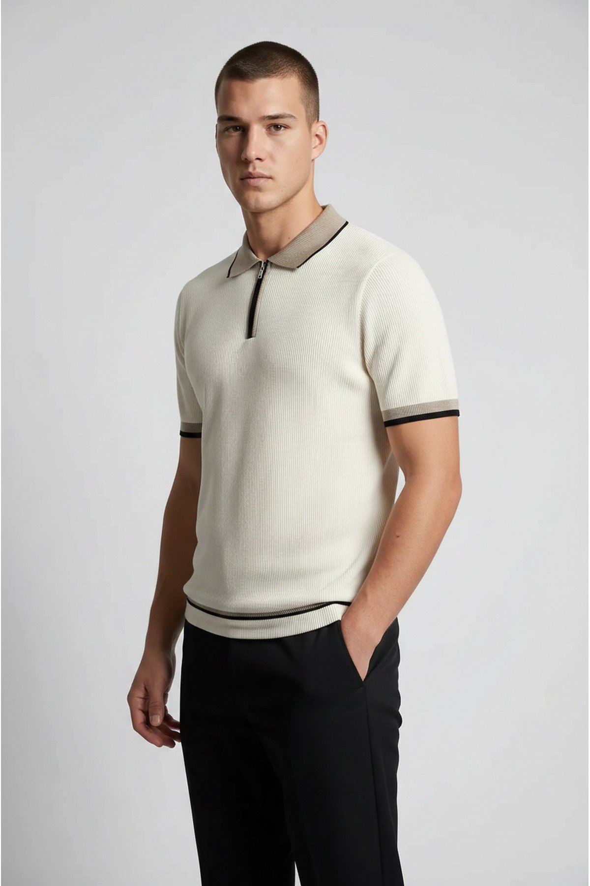 Ekru Polo Yaka Fermuarlı Kısa Kol Erkek T-shirt