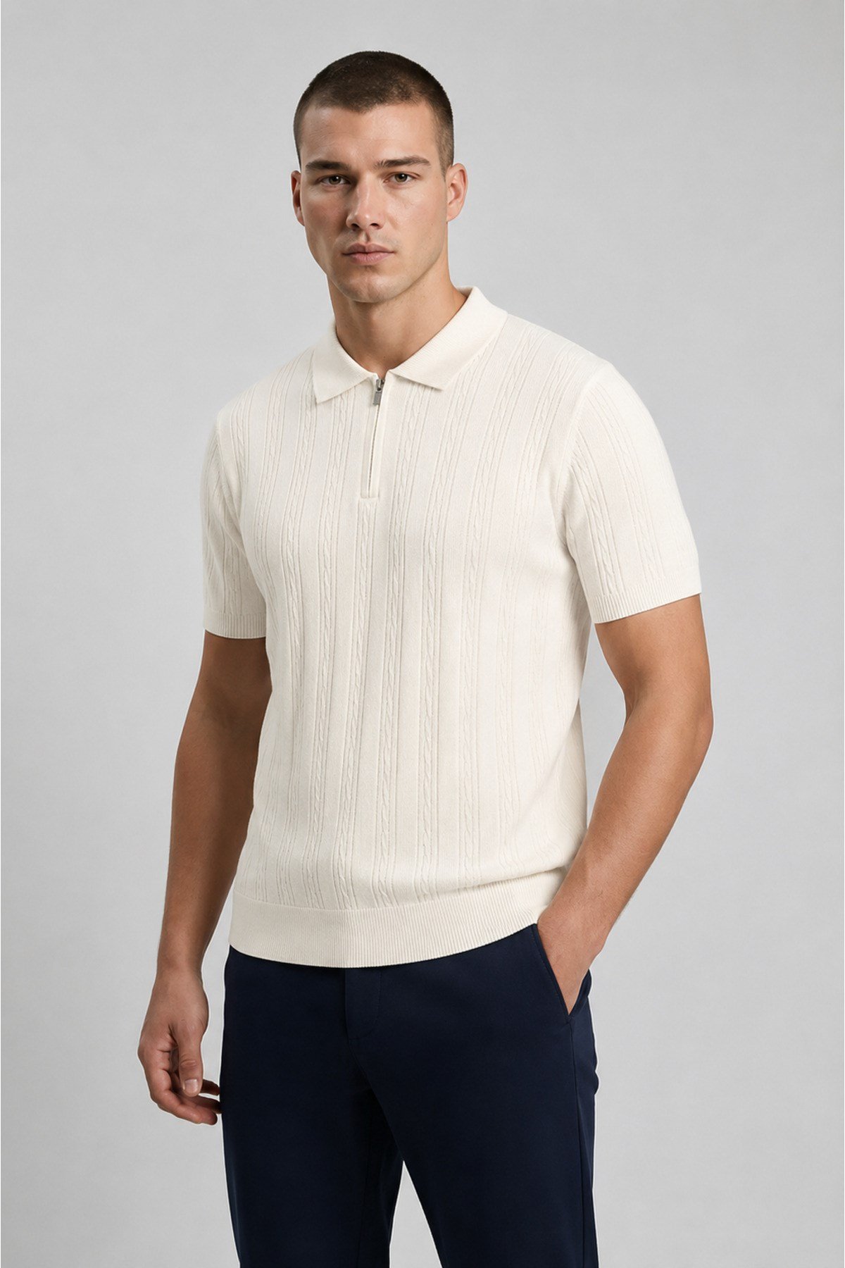 Ekru Polo Yaka Yarım Fermuarlı Erkek T-shirt
