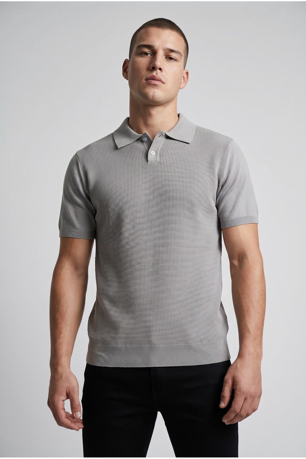 Erkek Slim Fit Dar Kesim Düğmeli Gri Polo Yaka Tişört