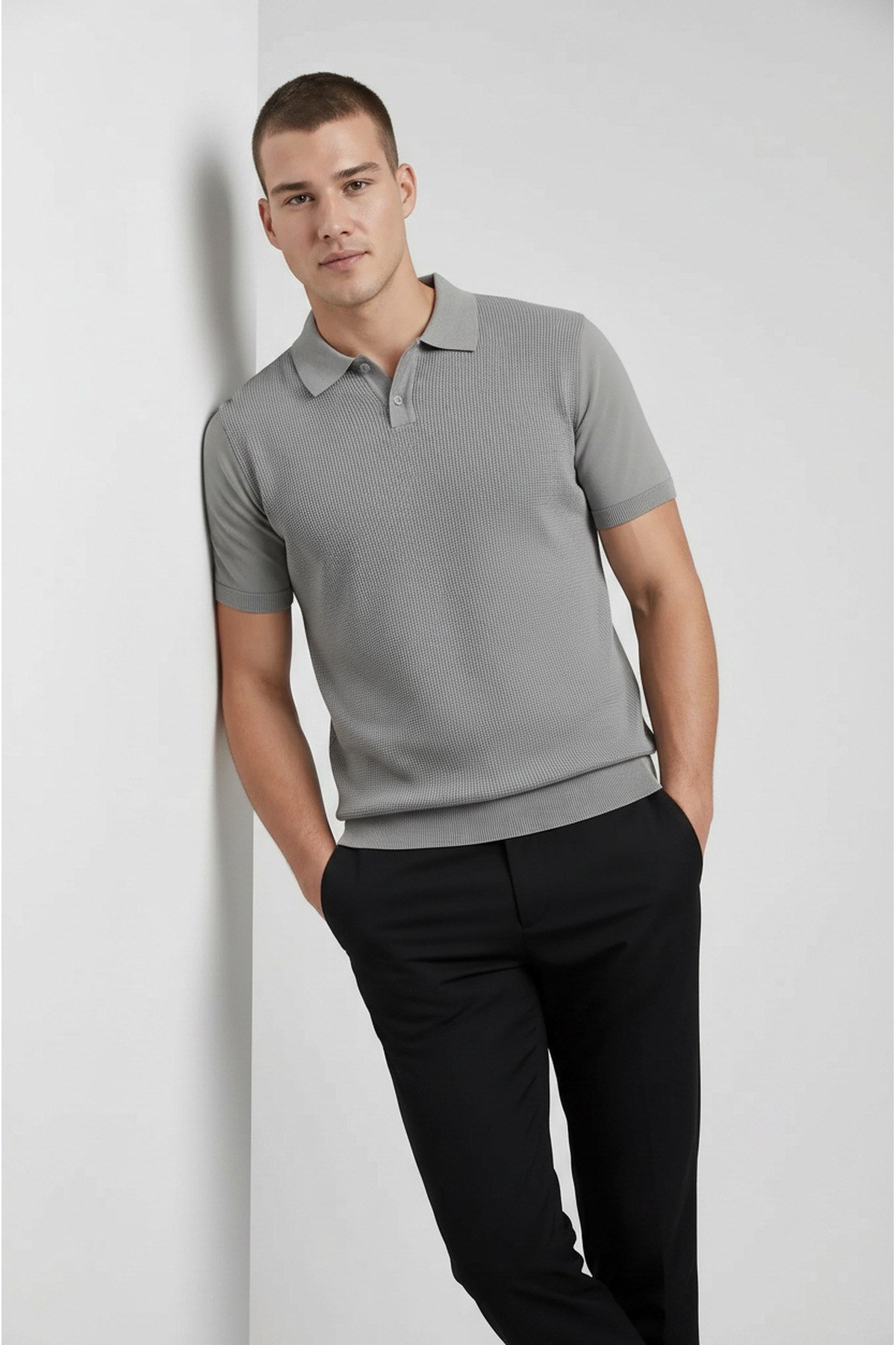 Erkek Slim Fit Dar Kesim Düğmeli Gri Polo Yaka Tişört