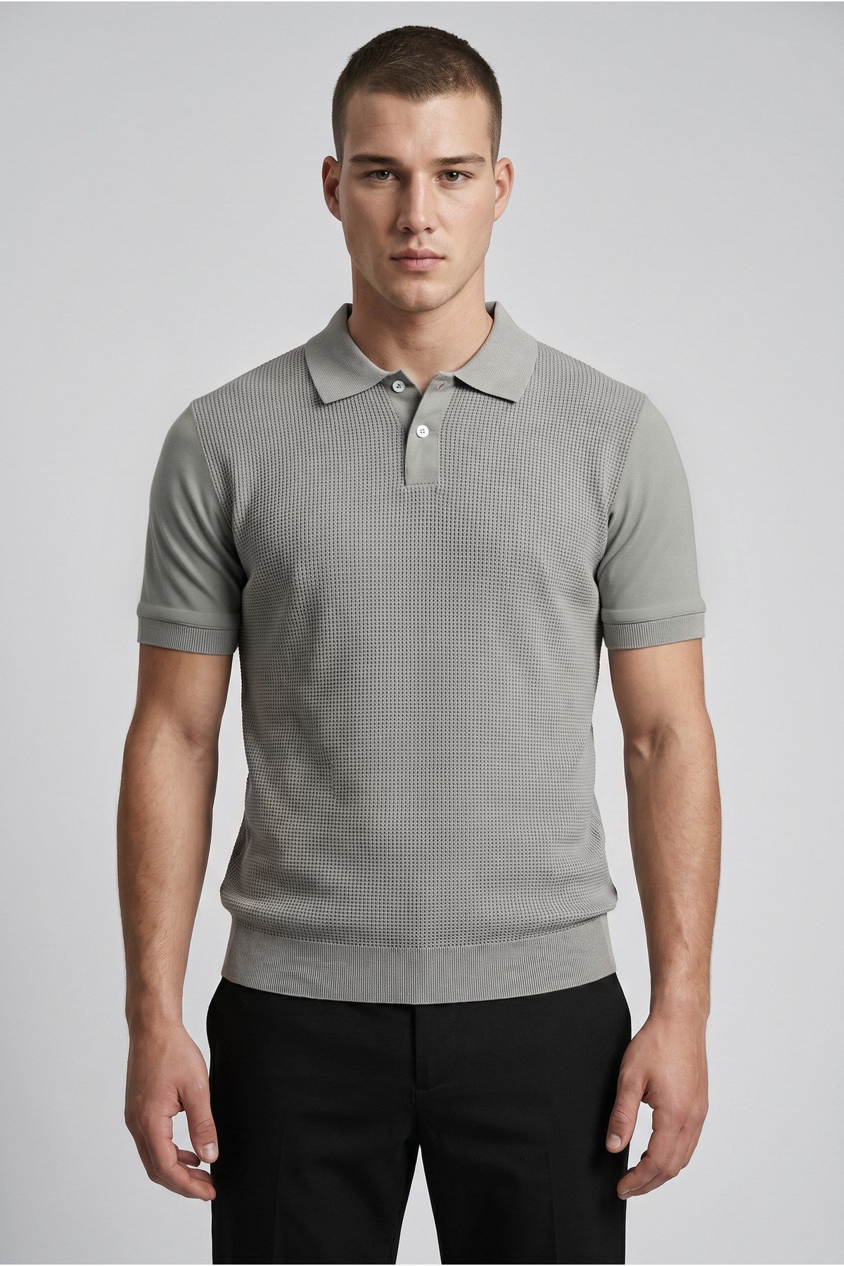 Erkek Slim Fit Dar Kesim Düğmeli Gri Polo Yaka Tişört