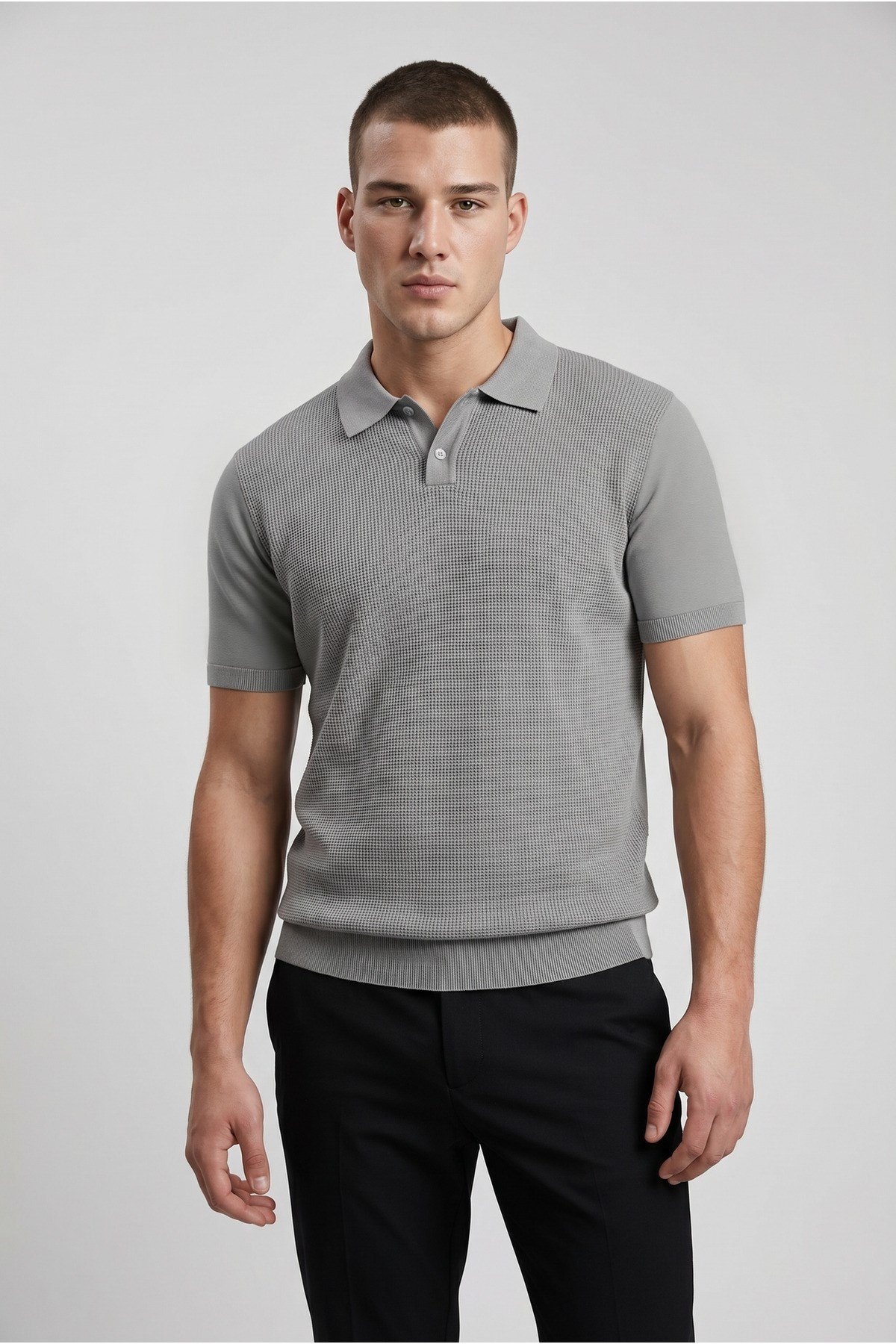 Erkek Slim Fit Dar Kesim Düğmeli Gri Polo Yaka Tişört