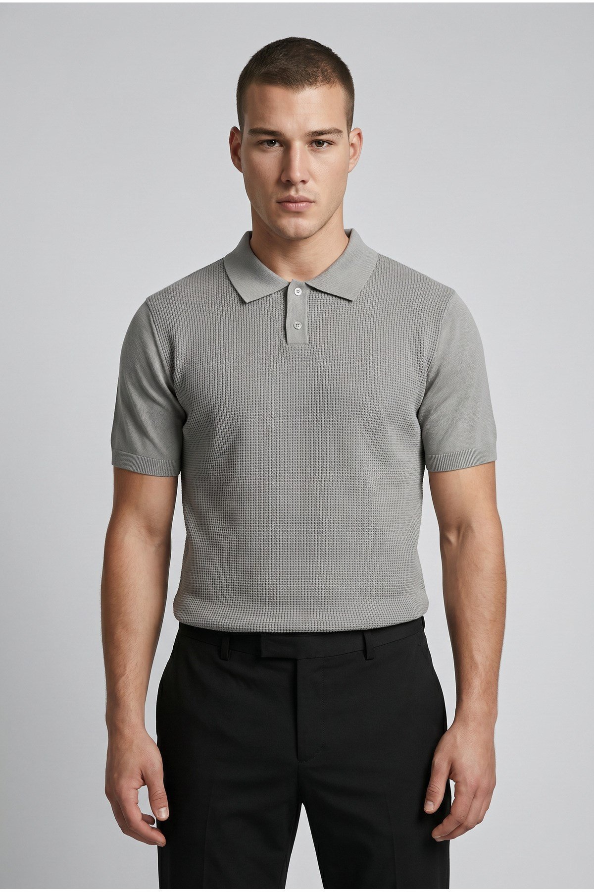 Erkek Slim Fit Dar Kesim Düğmeli Gri Polo Yaka Tişört