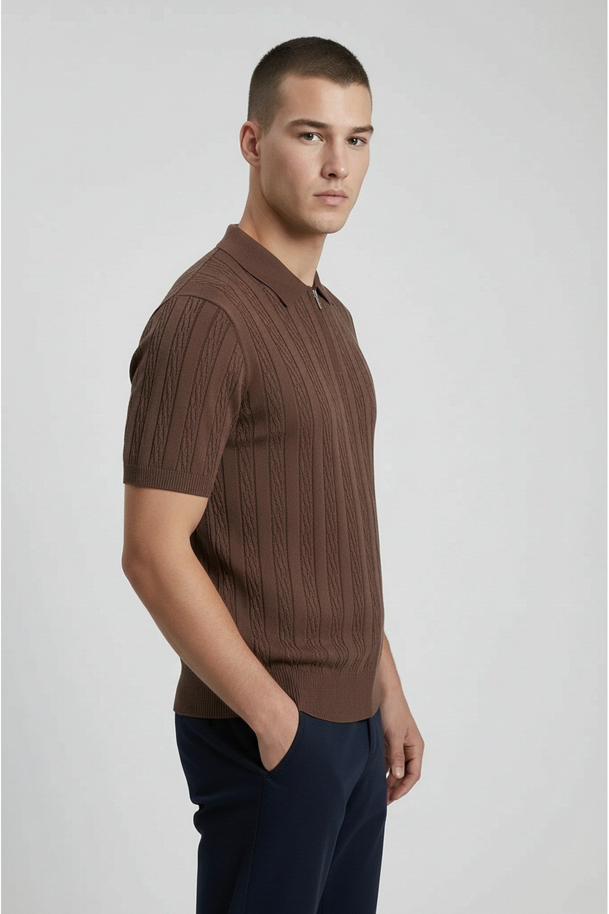 Erkek Slim Fit Dar Kesim Fermuarlı Kahverengi Polo Yaka Tişört