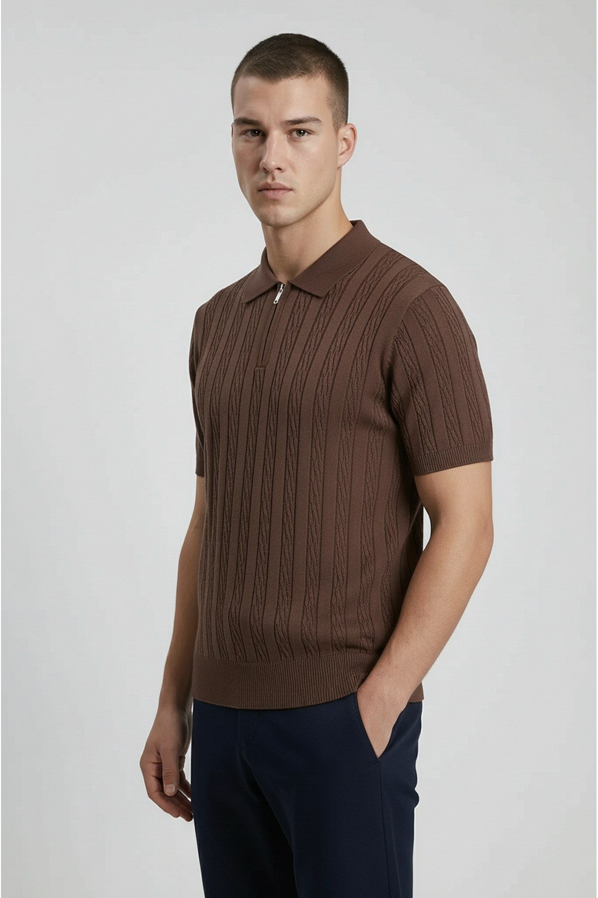 Erkek Slim Fit Dar Kesim Fermuarlı Kahverengi Polo Yaka Tişört