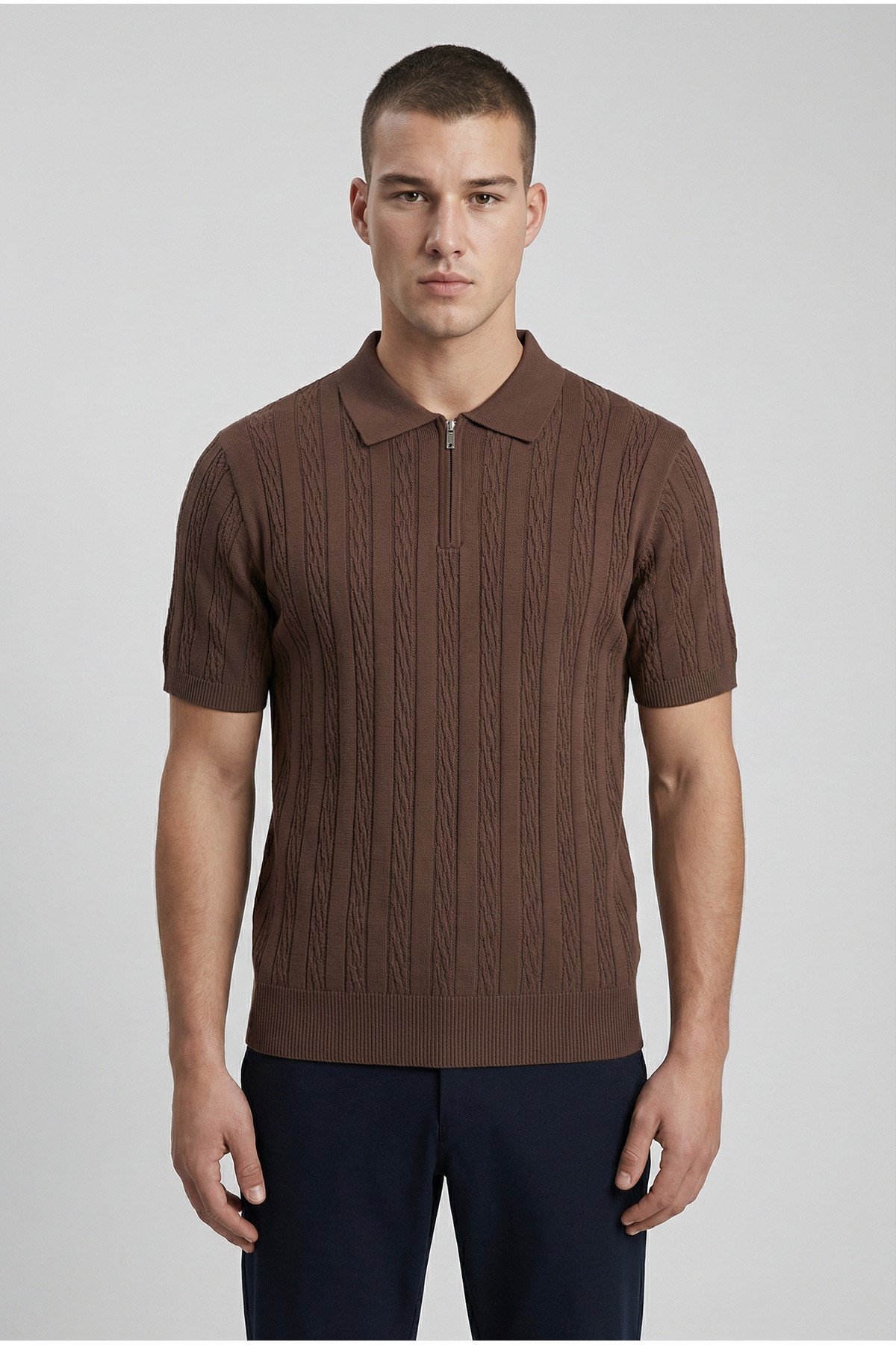 Erkek Slim Fit Dar Kesim Fermuarlı Kahverengi Polo Yaka Tişört
