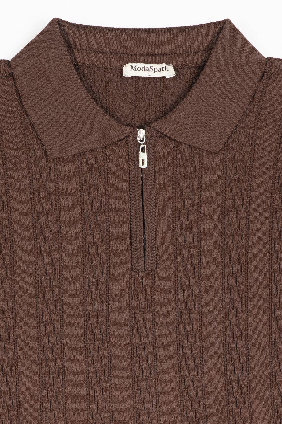 Erkek Slim Fit Dar Kesim Fermuarlı Kahverengi Polo Yaka Tişört