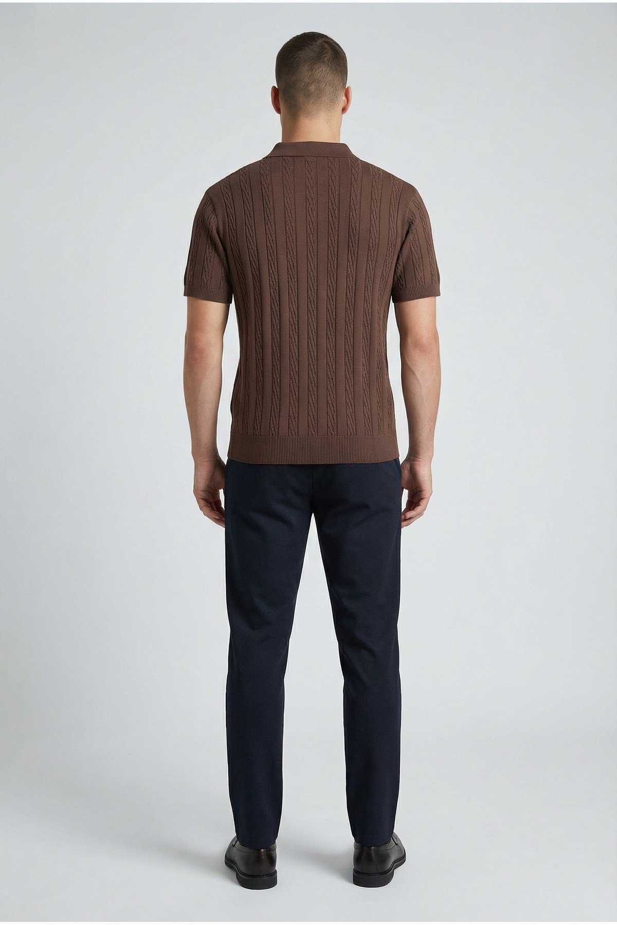 Erkek Slim Fit Dar Kesim Fermuarlı Kahverengi Polo Yaka Tişört