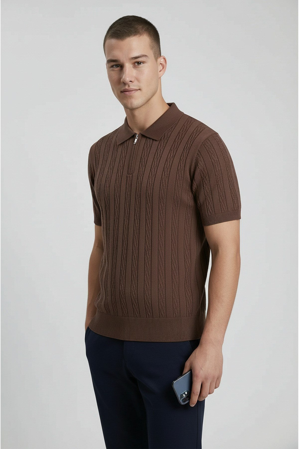 Erkek Slim Fit Dar Kesim Fermuarlı Kahverengi Polo Yaka Tişört