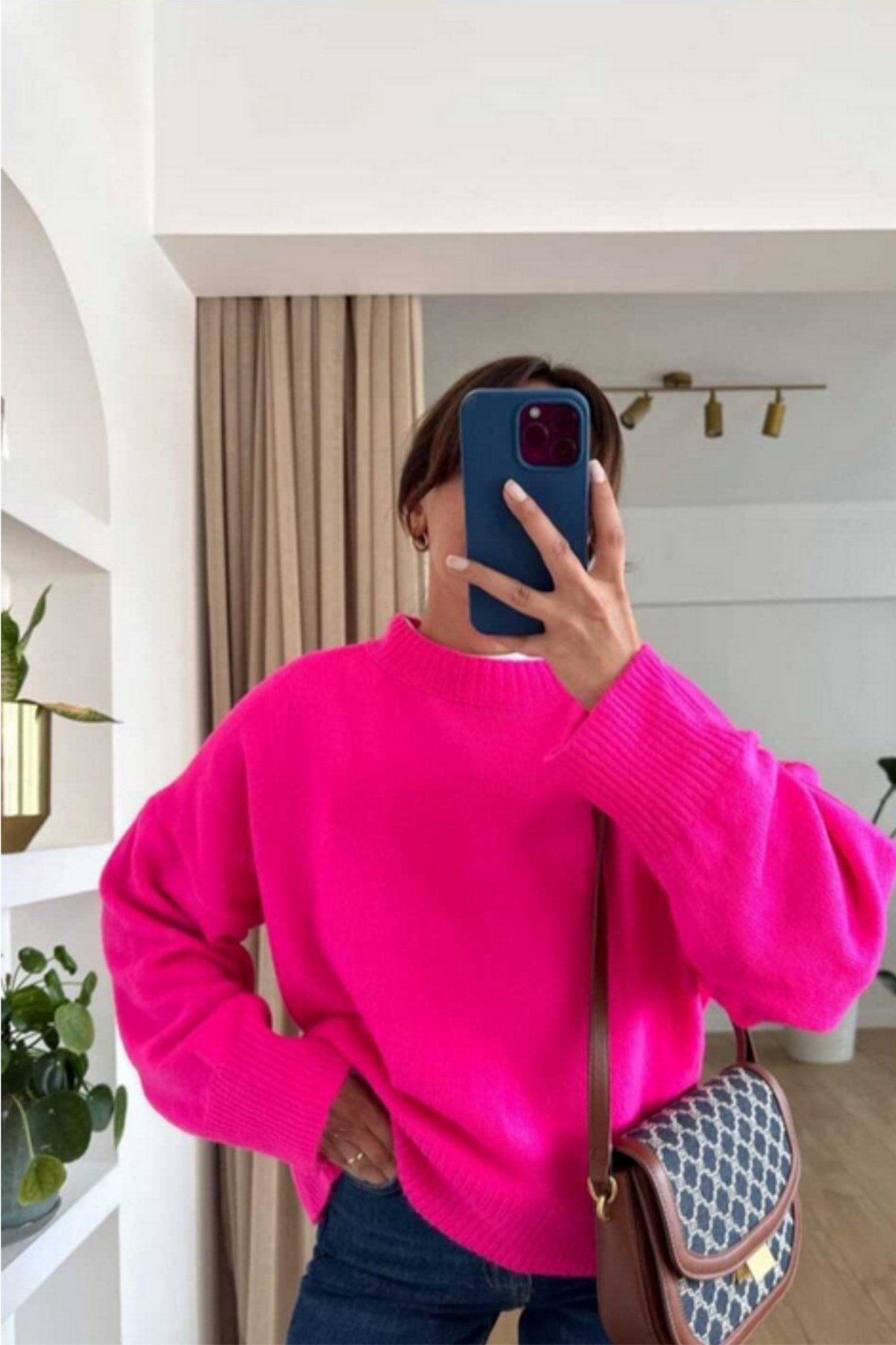 Fuşya Bisiklet Yaka Oversize Kadın Triko Kazak