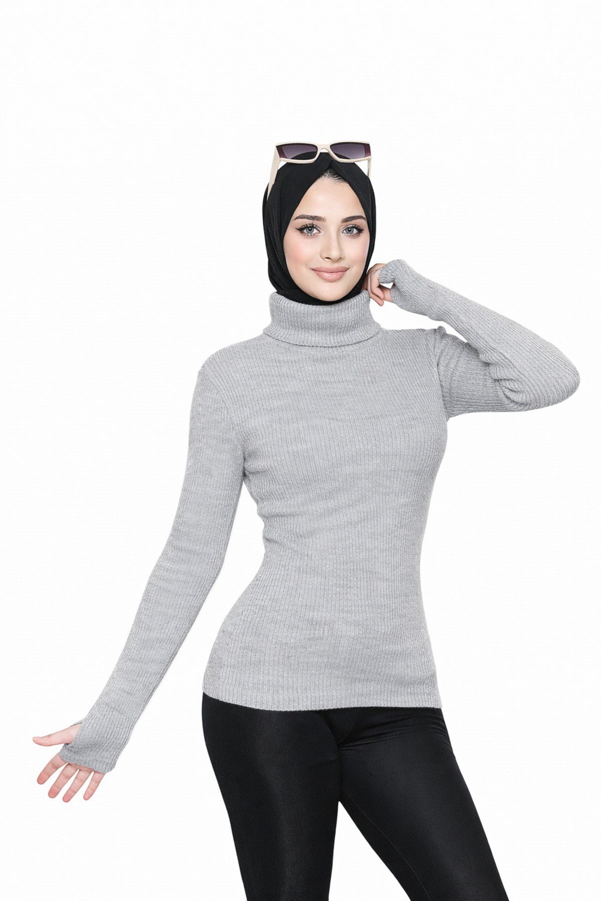 Gri Balıkçı Yaka Parmak Detaylı Premium Kurtarıcı Body Kazak
