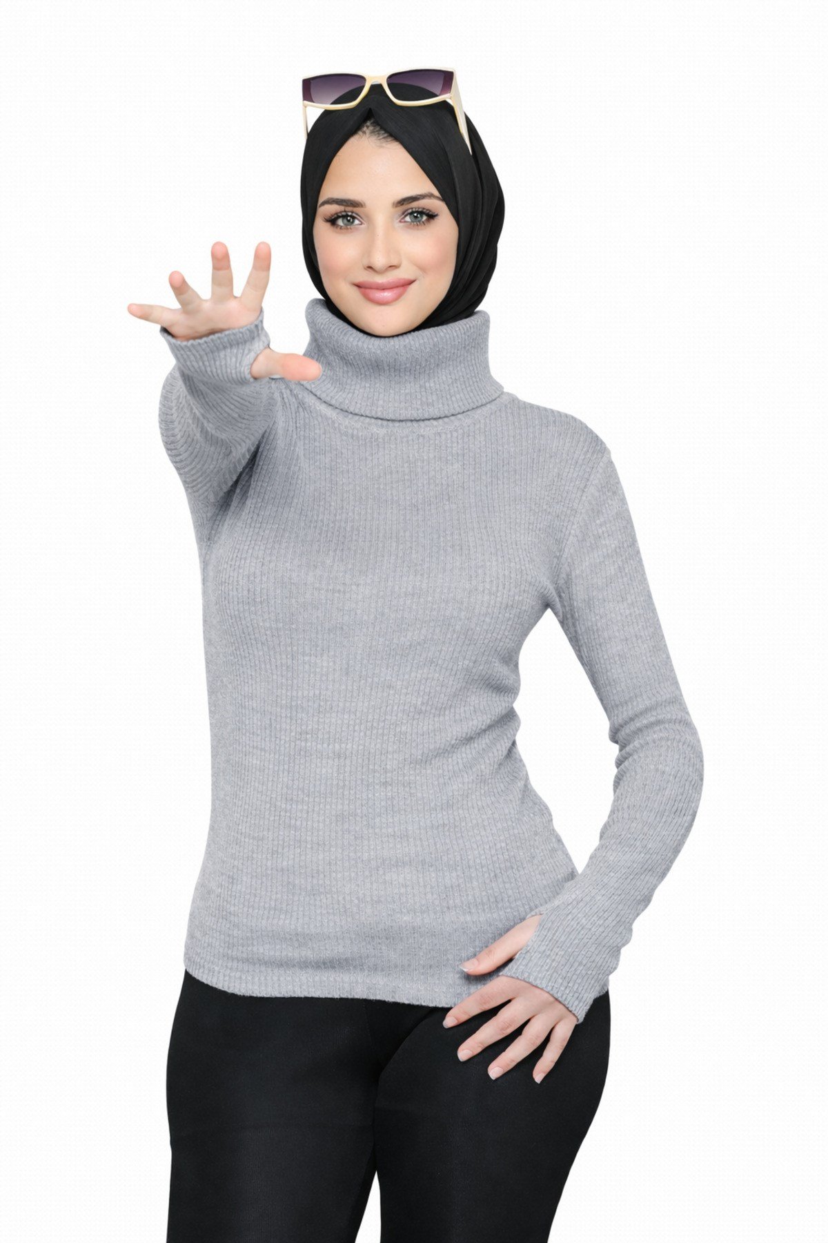 Gri Balıkçı Yaka Parmak Detaylı Premium Kurtarıcı Body Kazak