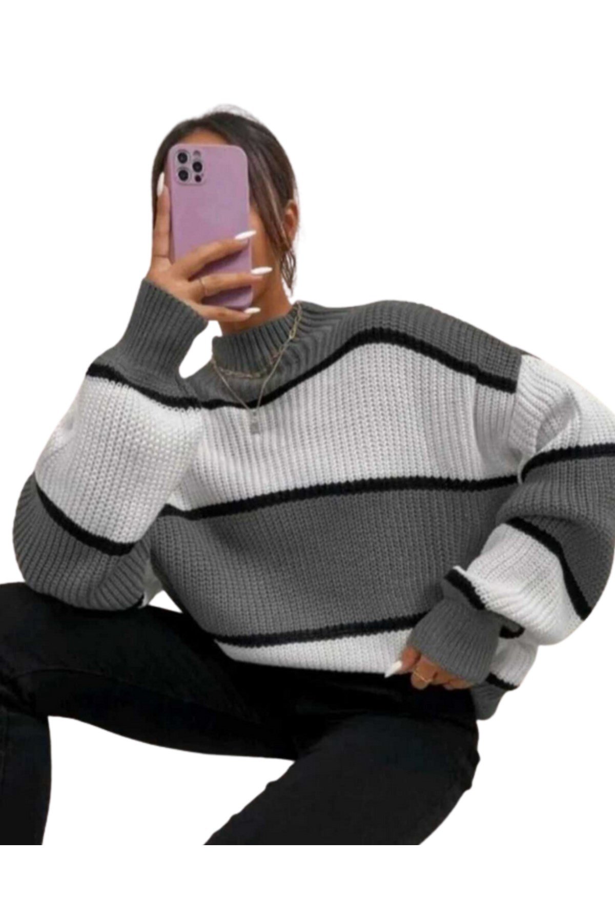 Gri Beyaz Yarım Balıkçı Oversize Kadın Triko Kazak