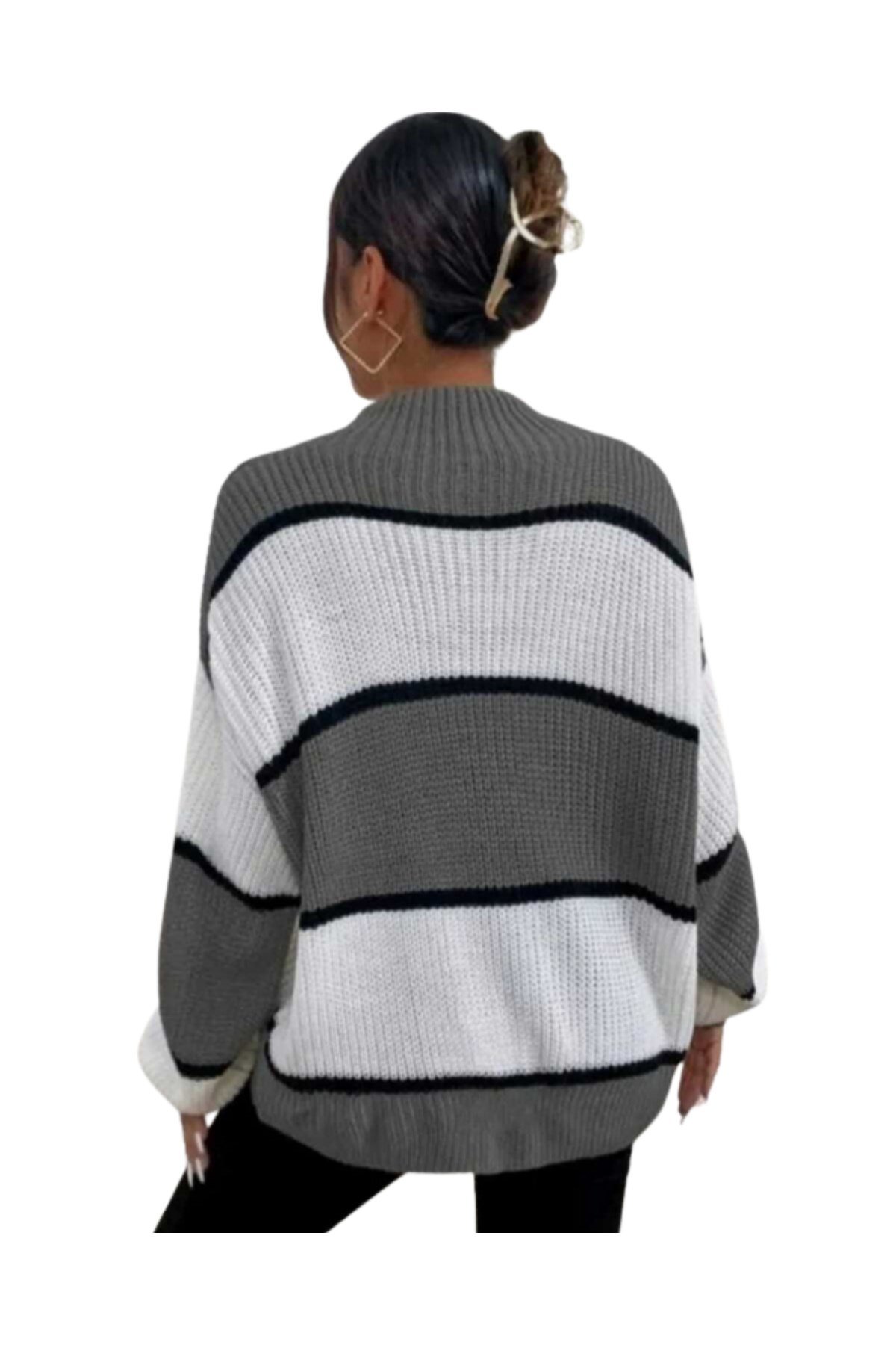 Gri Beyaz Yarım Balıkçı Oversize Kadın Triko Kazak