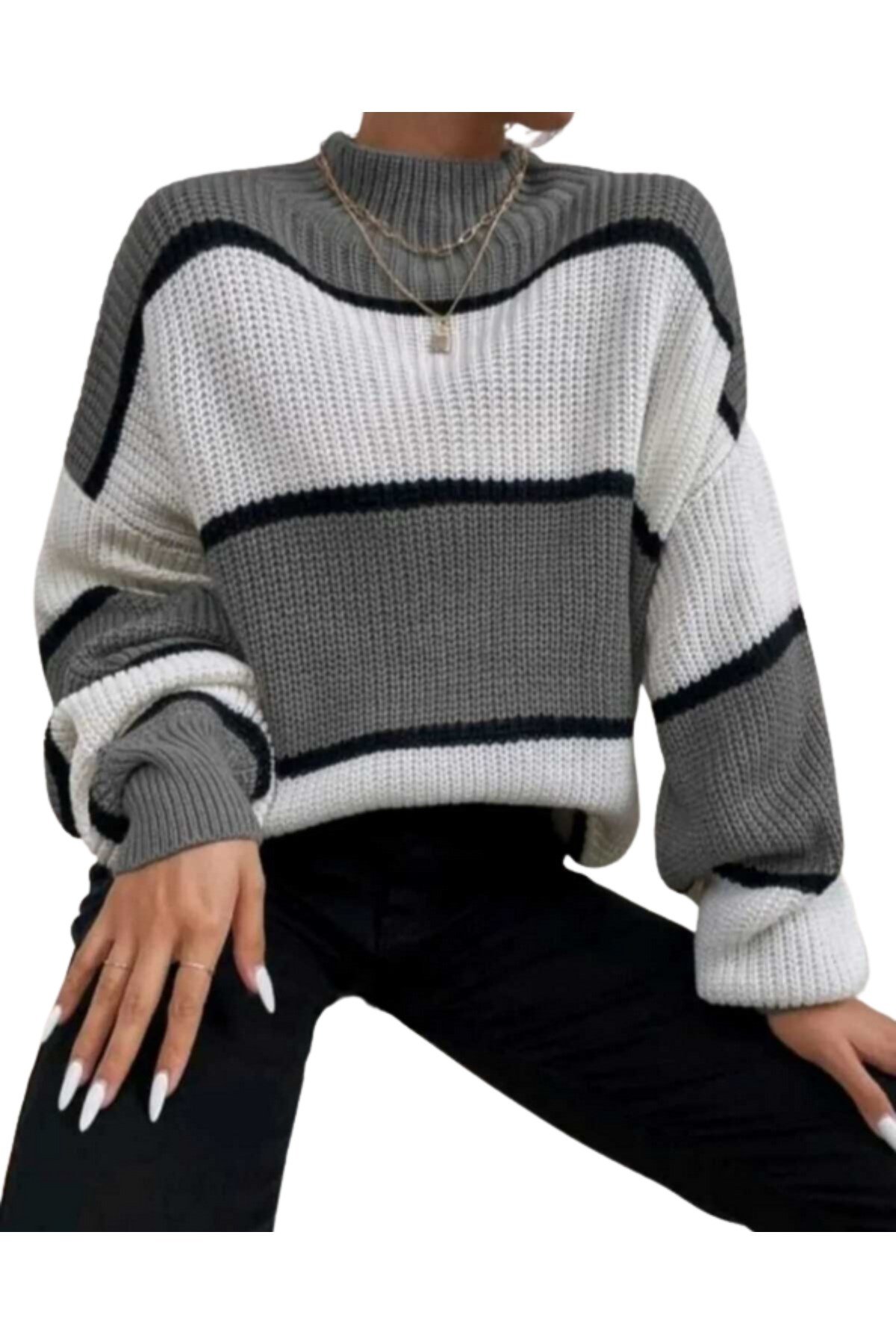 Gri Beyaz Yarım Balıkçı Oversize Kadın Triko Kazak