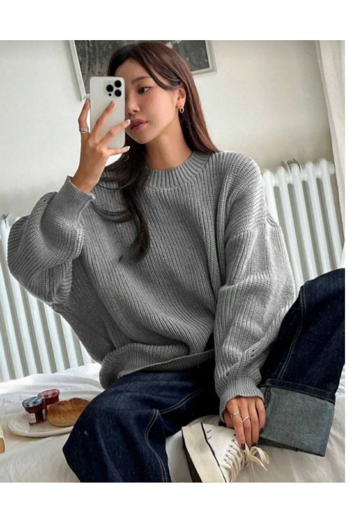 Gri Bisiklet Yaka Oversize Kadın Triko Kazak