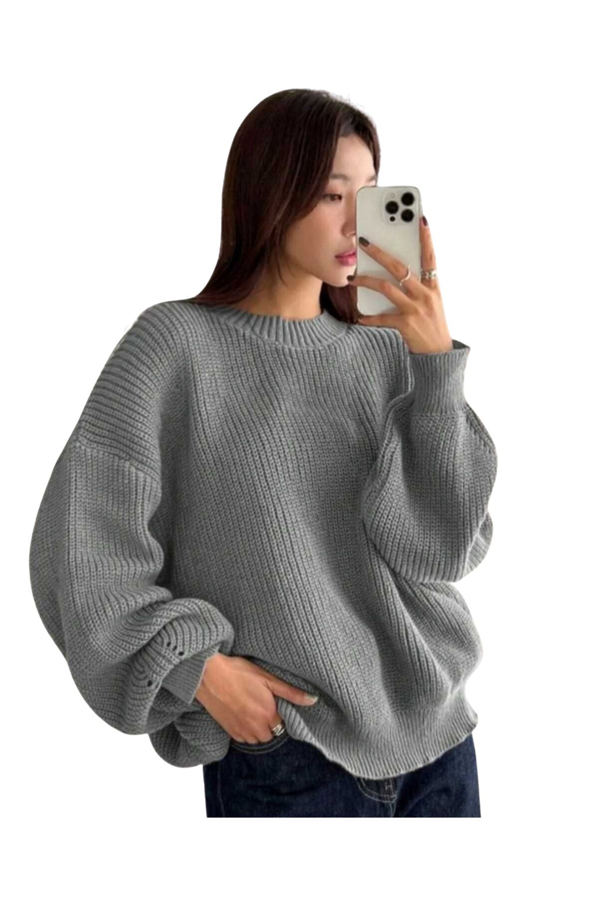 Gri Bisiklet Yaka Oversize Kadın Triko Kazak