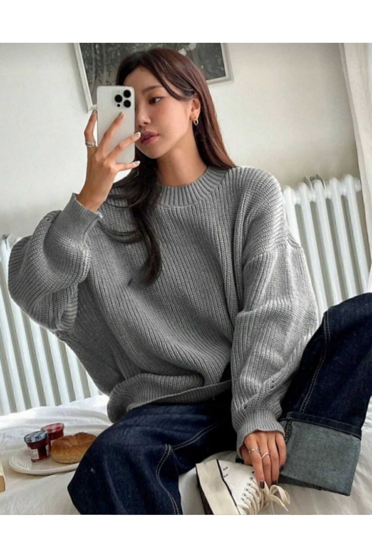 Gri Bisiklet Yaka Oversize Kadın Triko Kazak
