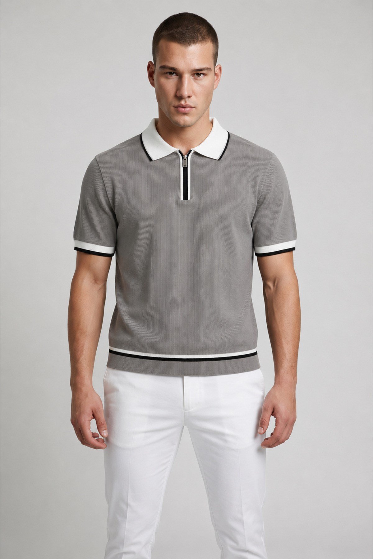 Gri Polo Yaka Fermuarlı Kısa Kol Erkek T-shirt