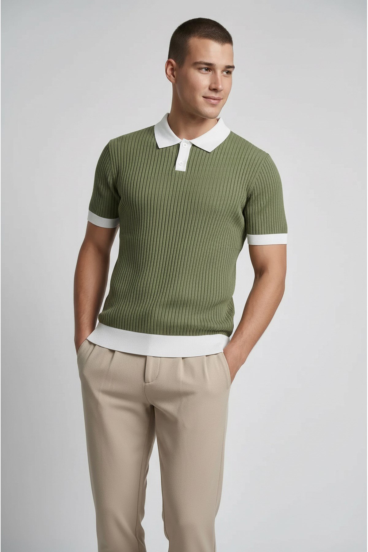 Haki Polo Yaka Düğmeli Kısa Kol Erkek T-shirt