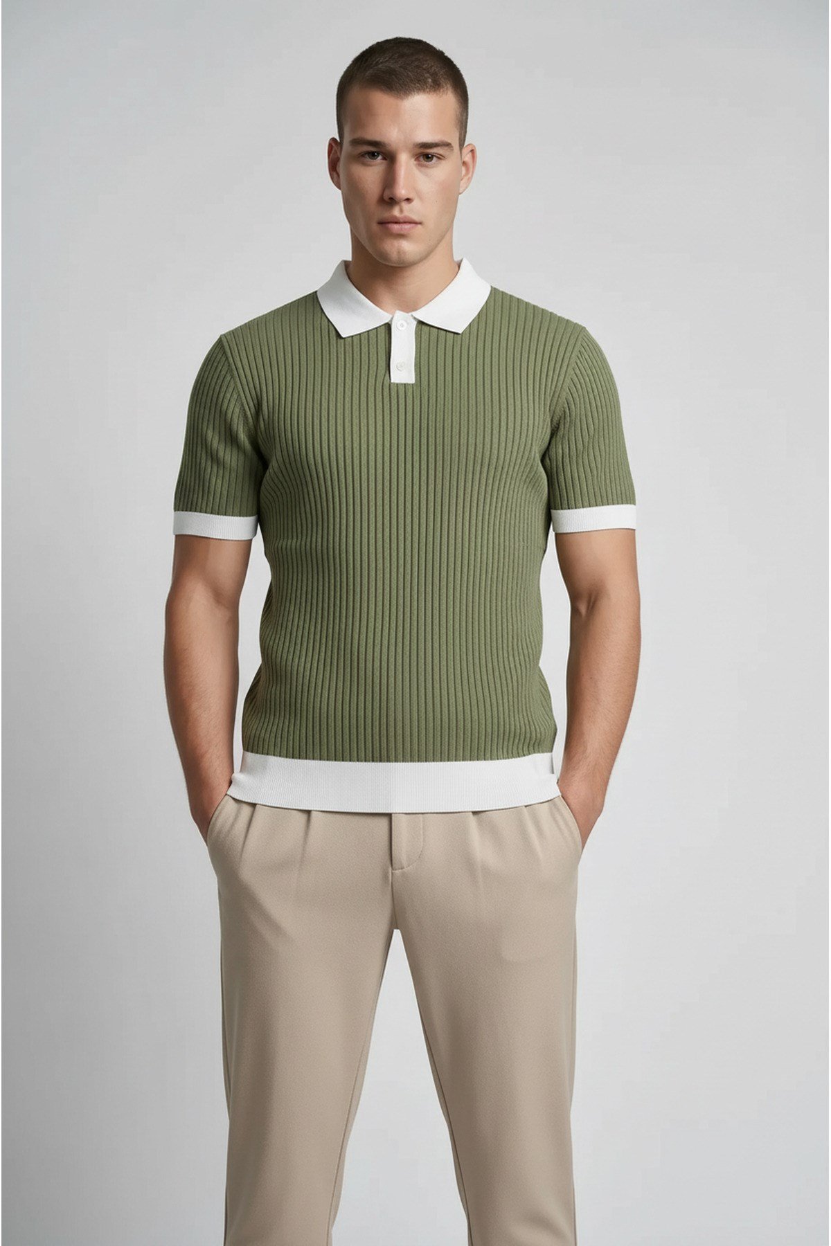 Haki Polo Yaka Düğmeli Kısa Kol Erkek T-shirt
