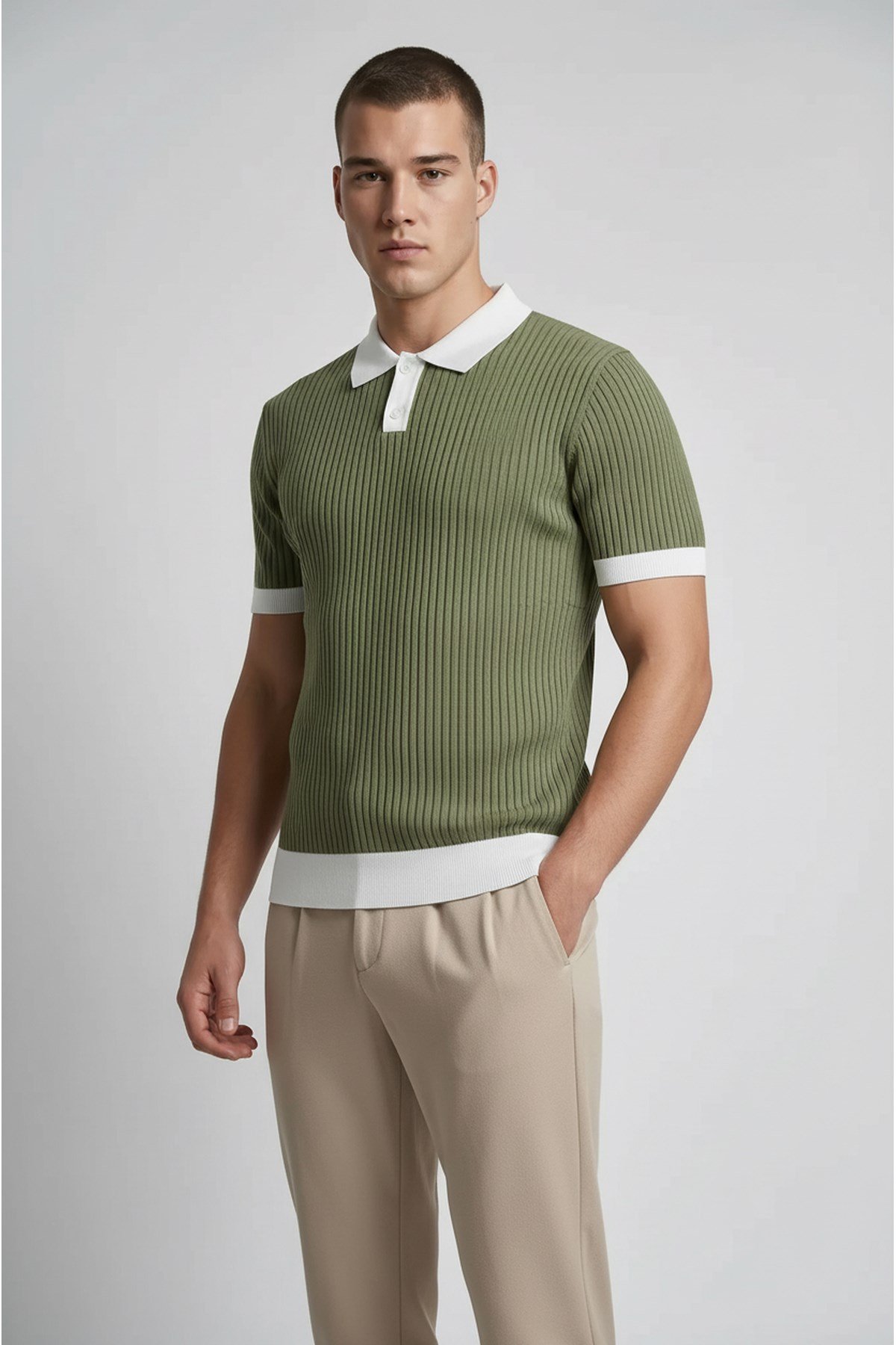 Haki Polo Yaka Düğmeli Kısa Kol Erkek T-shirt