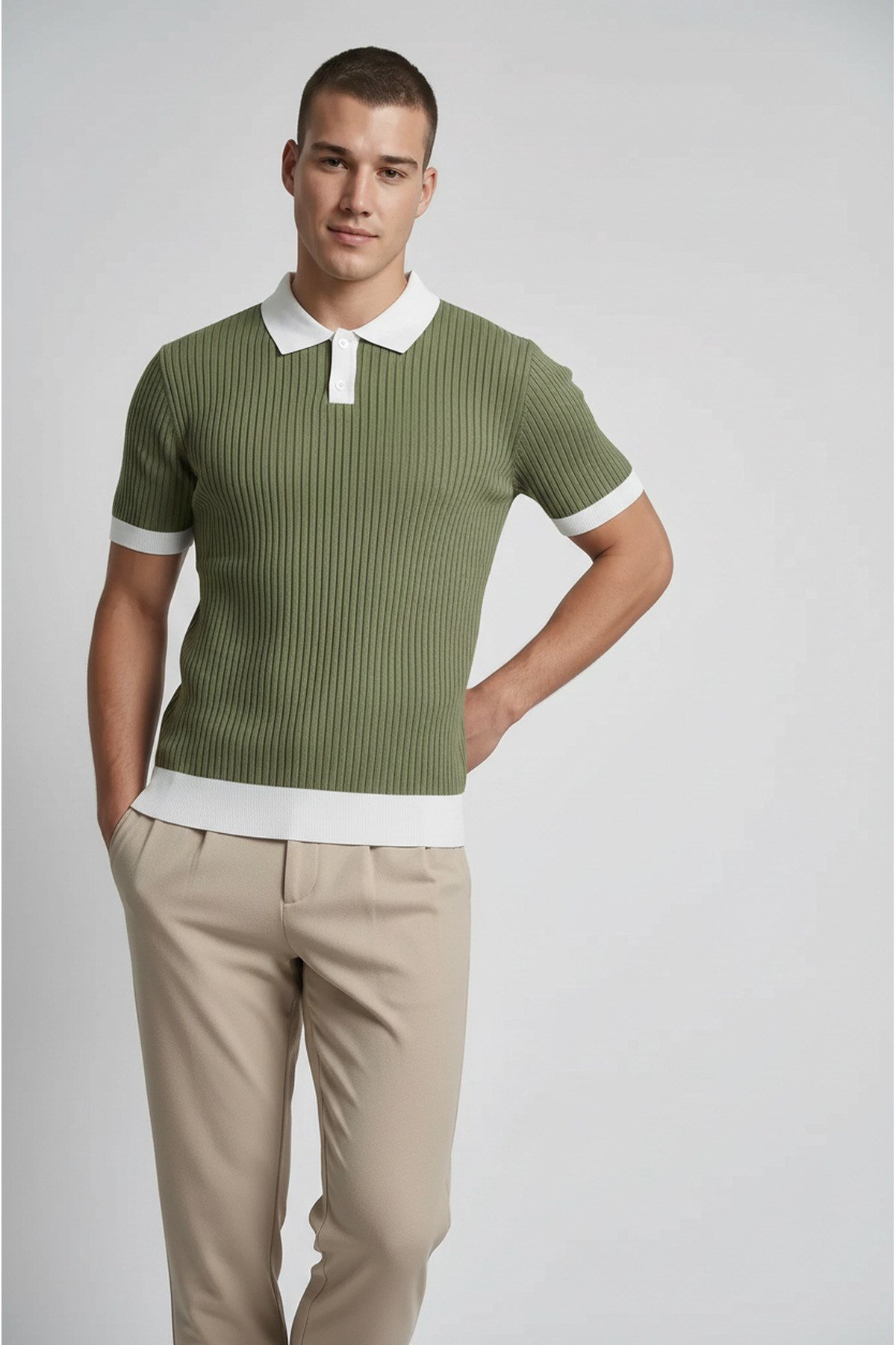 Haki Polo Yaka Düğmeli Kısa Kol Erkek T-shirt