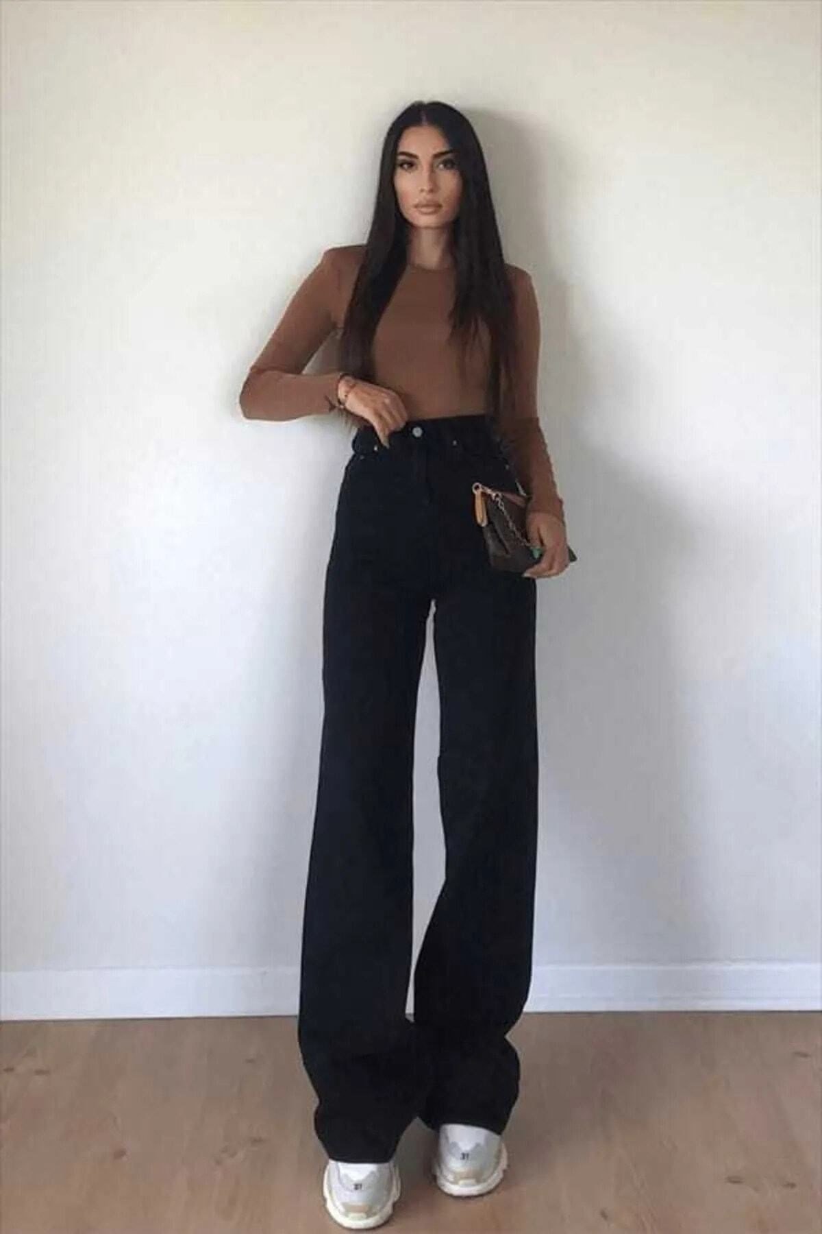 Izabella Solmaz Simsiyah Extra Yüksek Bel Likralı Palazzosalaş Jean Pantolon