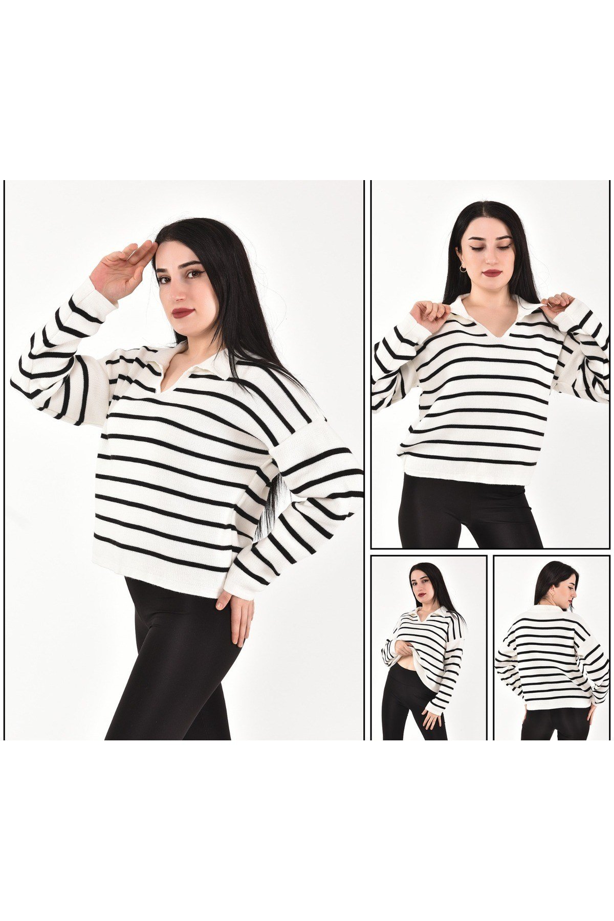 Kadın Ekru Siyah Çizgili Polo Yaka Crop Triko Kazak