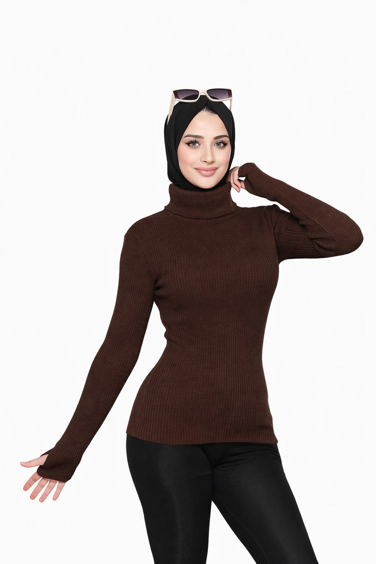 Kahverengi Balıkçı Yaka Parmak Detaylı Premium Kurtarıcı Body Kazak