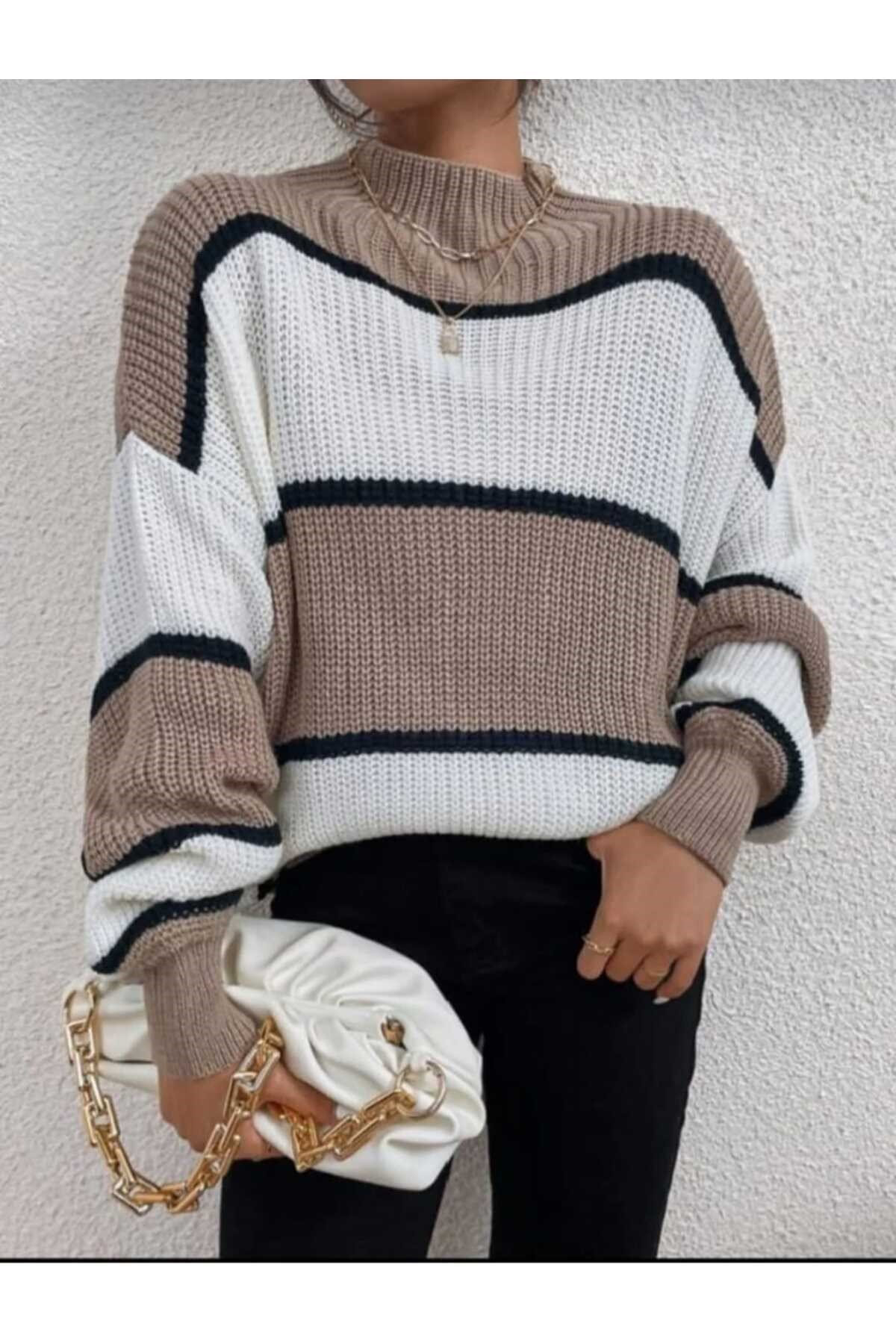 Kahverengi Beyaz Çizgili Yarım Balıkçı Kadın Oversize Kazak