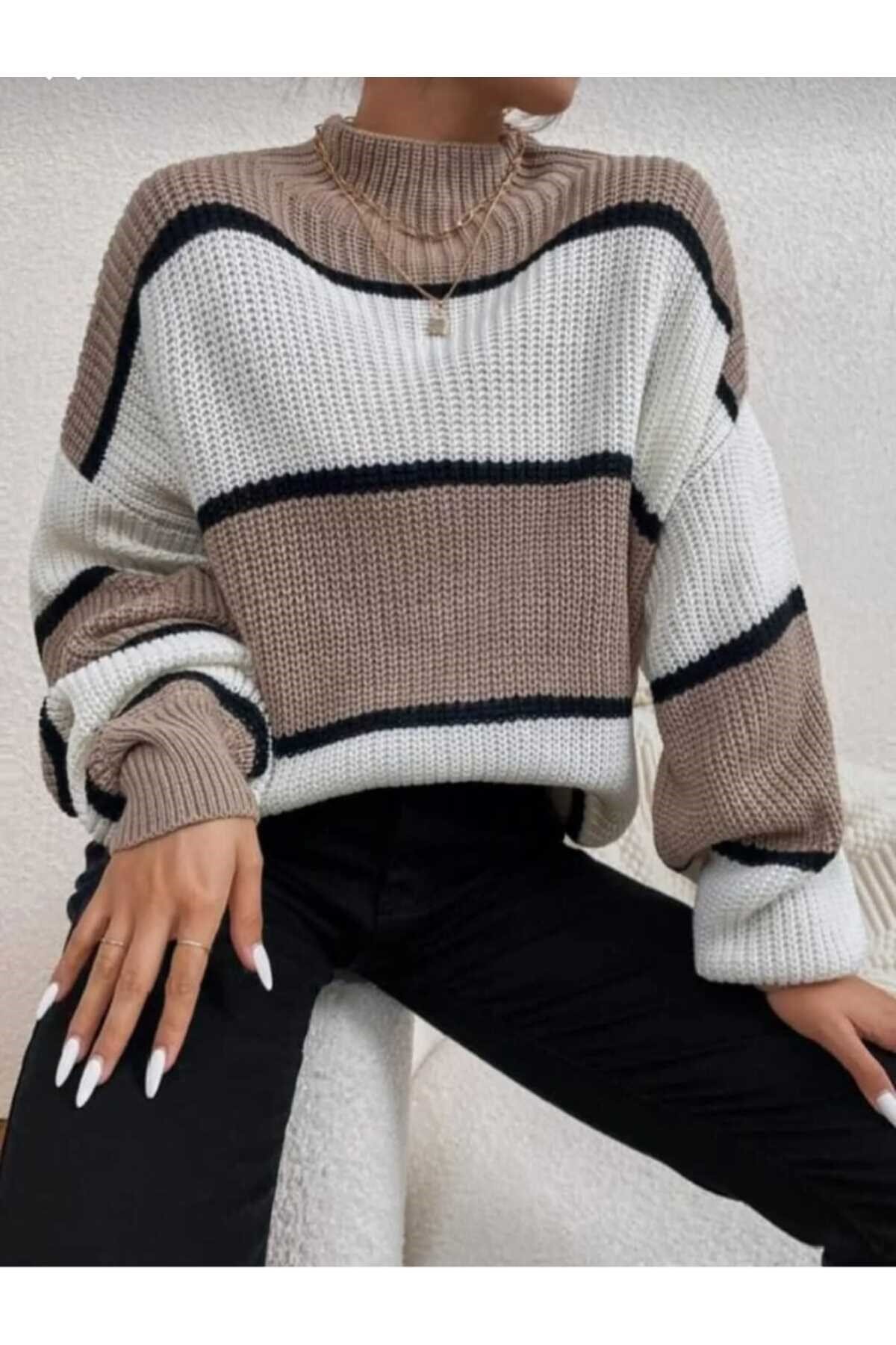 Kahverengi Beyaz Çizgili Yarım Balıkçı Kadın Oversize Kazak