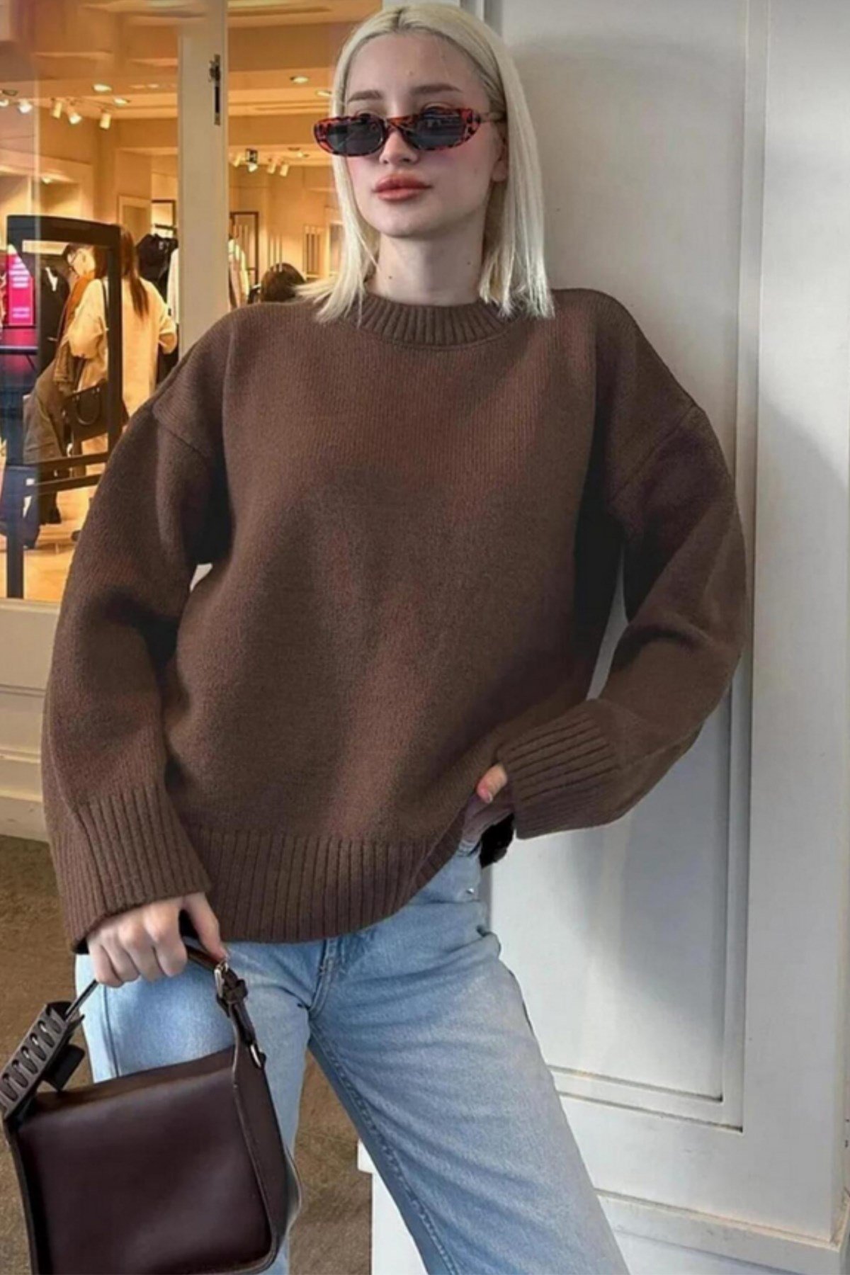 Kahverengi Bisiklet Yaka Oversize Kadın Triko Kazak